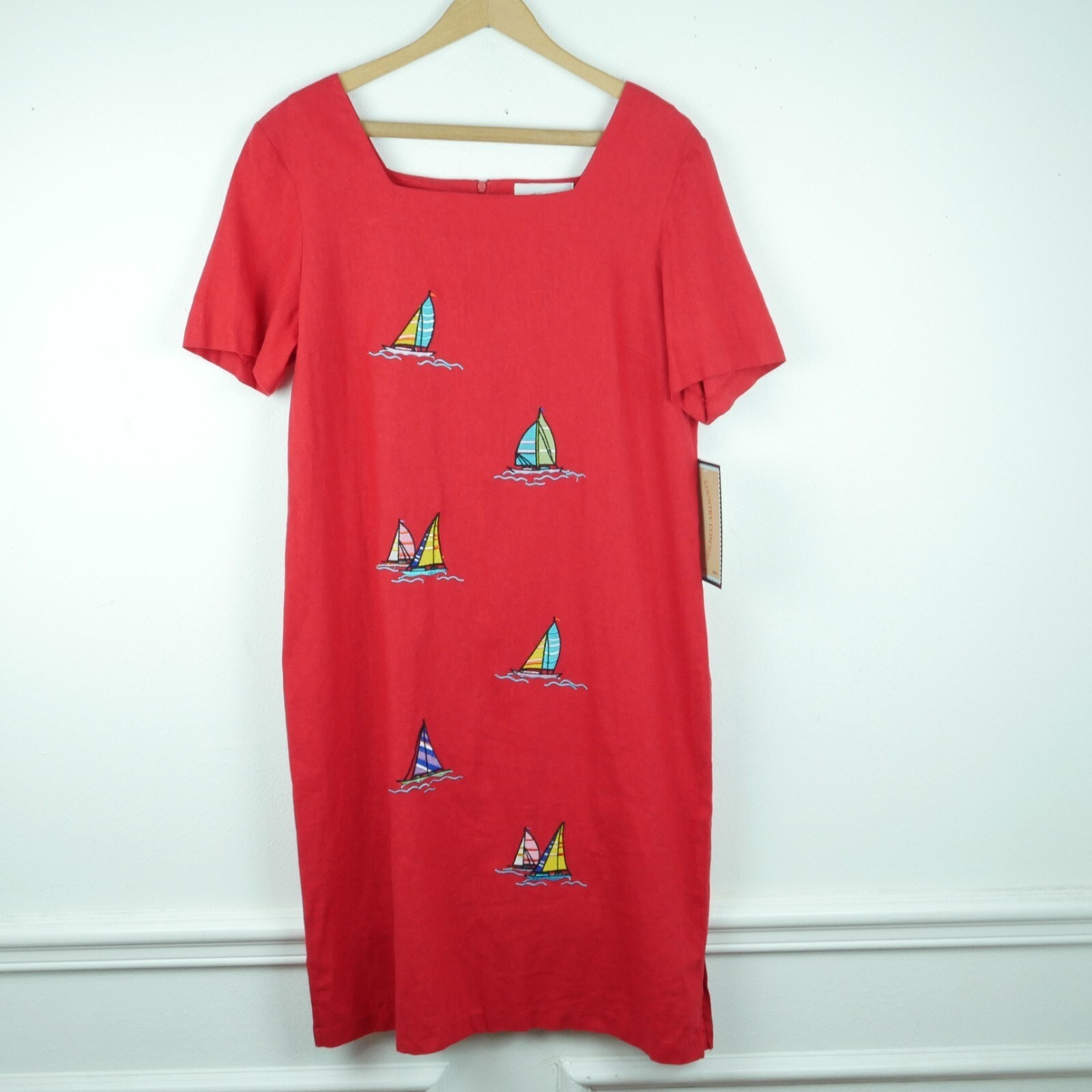 Vintage Medium Dress 90s Square Neck Nautical Embroidered Boating Preppy Red