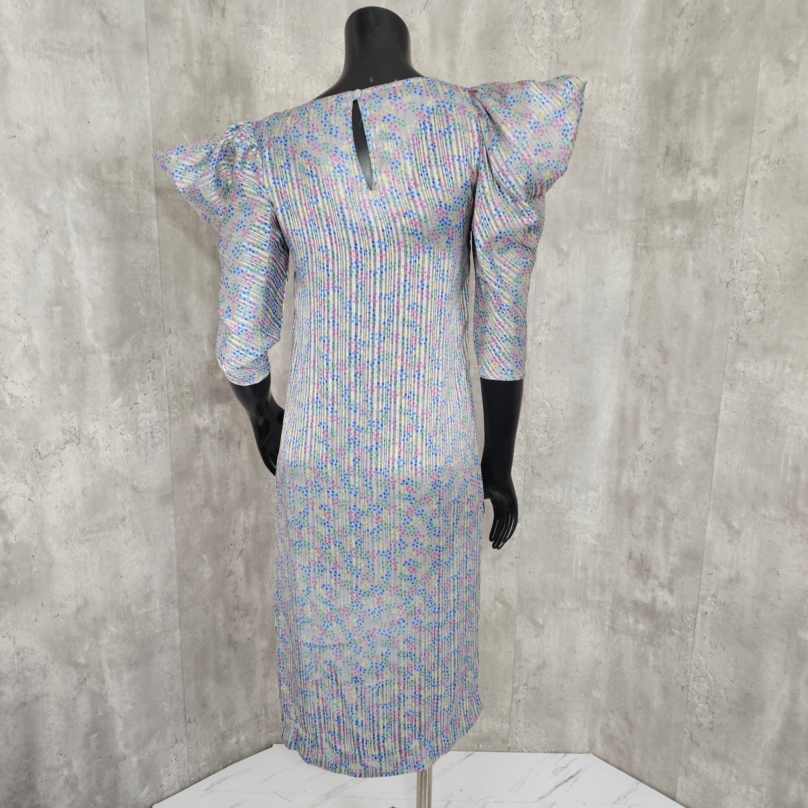 Vintage 80s Ala Carte Pleated Dress Flutter Puff Peek Shoulder Micro Floral