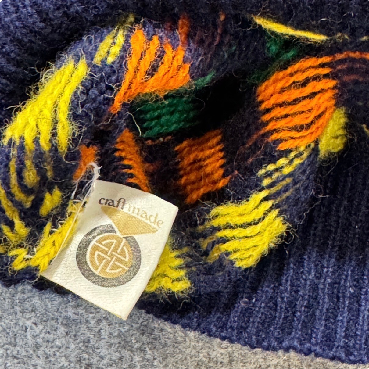Vintage 80s 100% Wool Knit Sweater Navy Geometric Rainbow Made in Scotland S/M