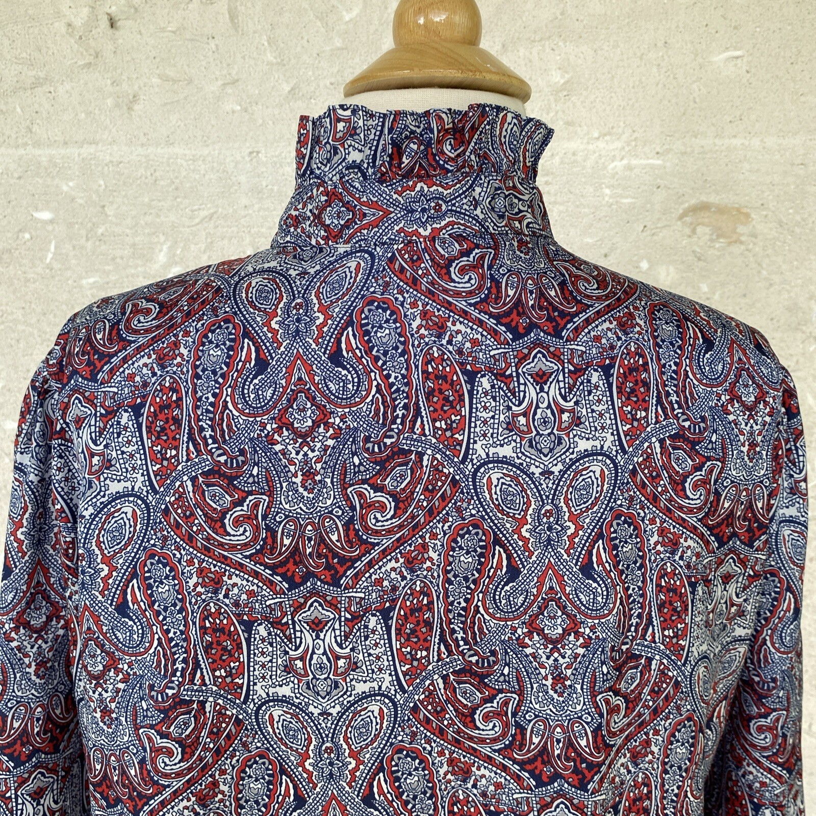 Vintage Secretary Blouse Shirt Large Red White Blue Paisley Ruffle Neck 70s 80s