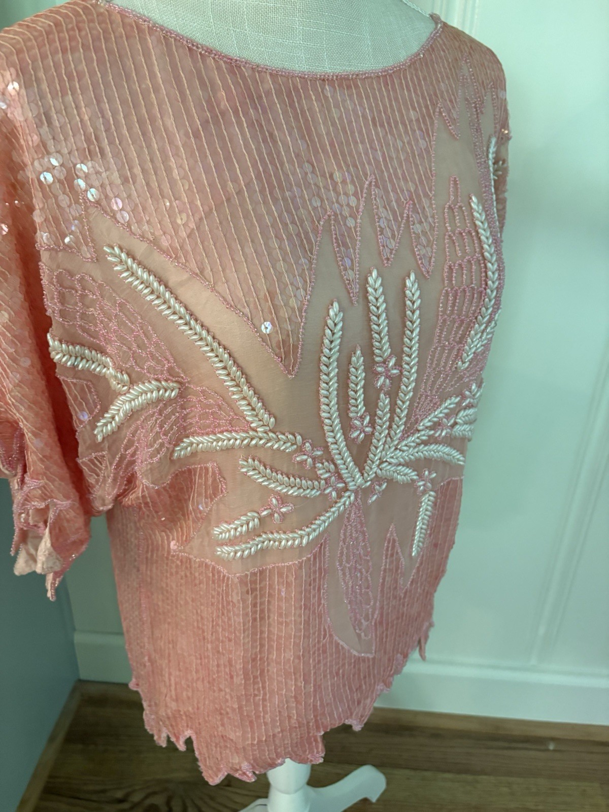 Vintage 80s Hand Beaded 100% Silk Top Pastel Pink Sequin. NWT!M Deadstock. India