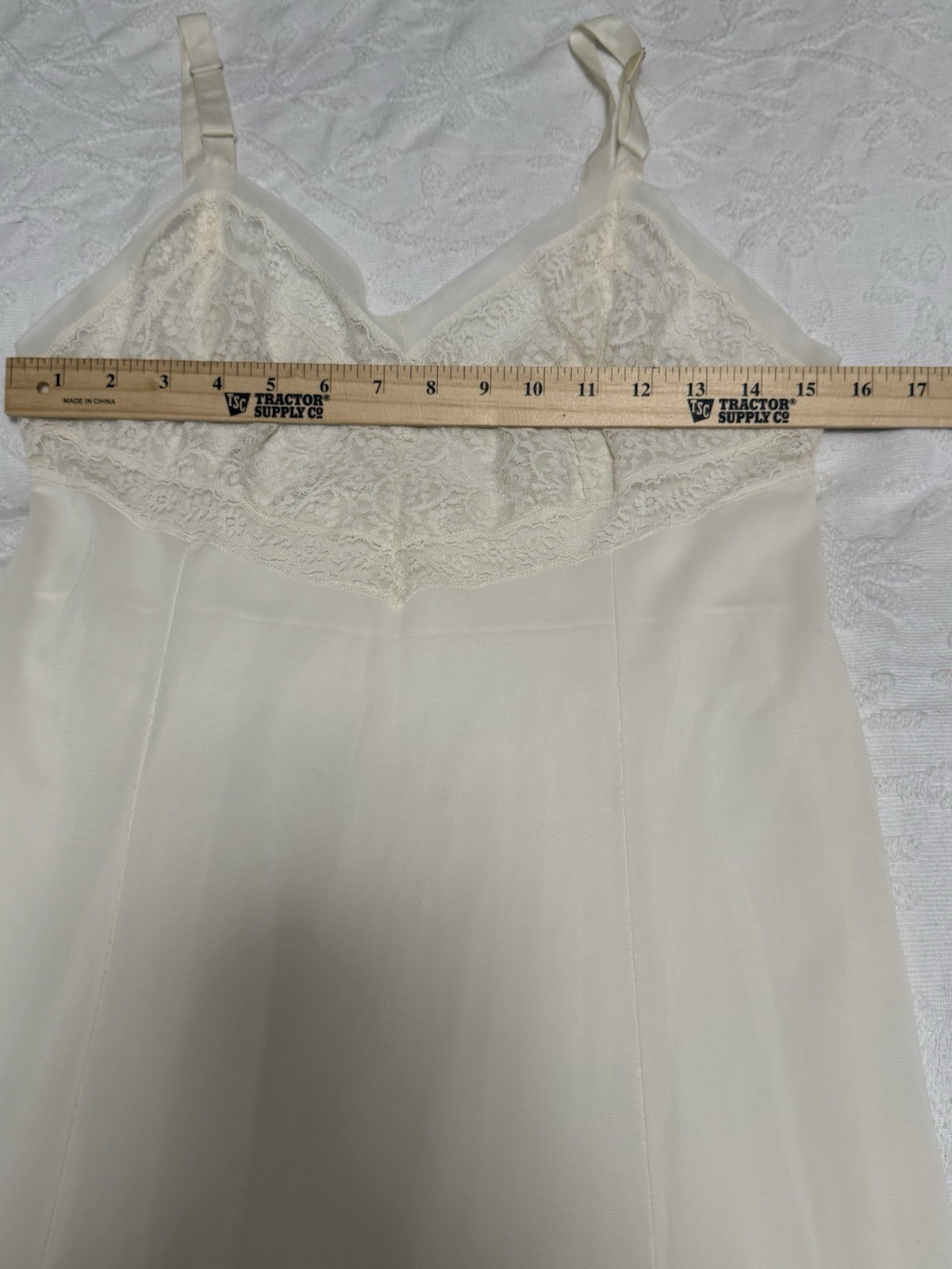 VTG Ivory Lace Slip Dress Pleated Ruffle Hem Nylon Coquette Bridal Midi