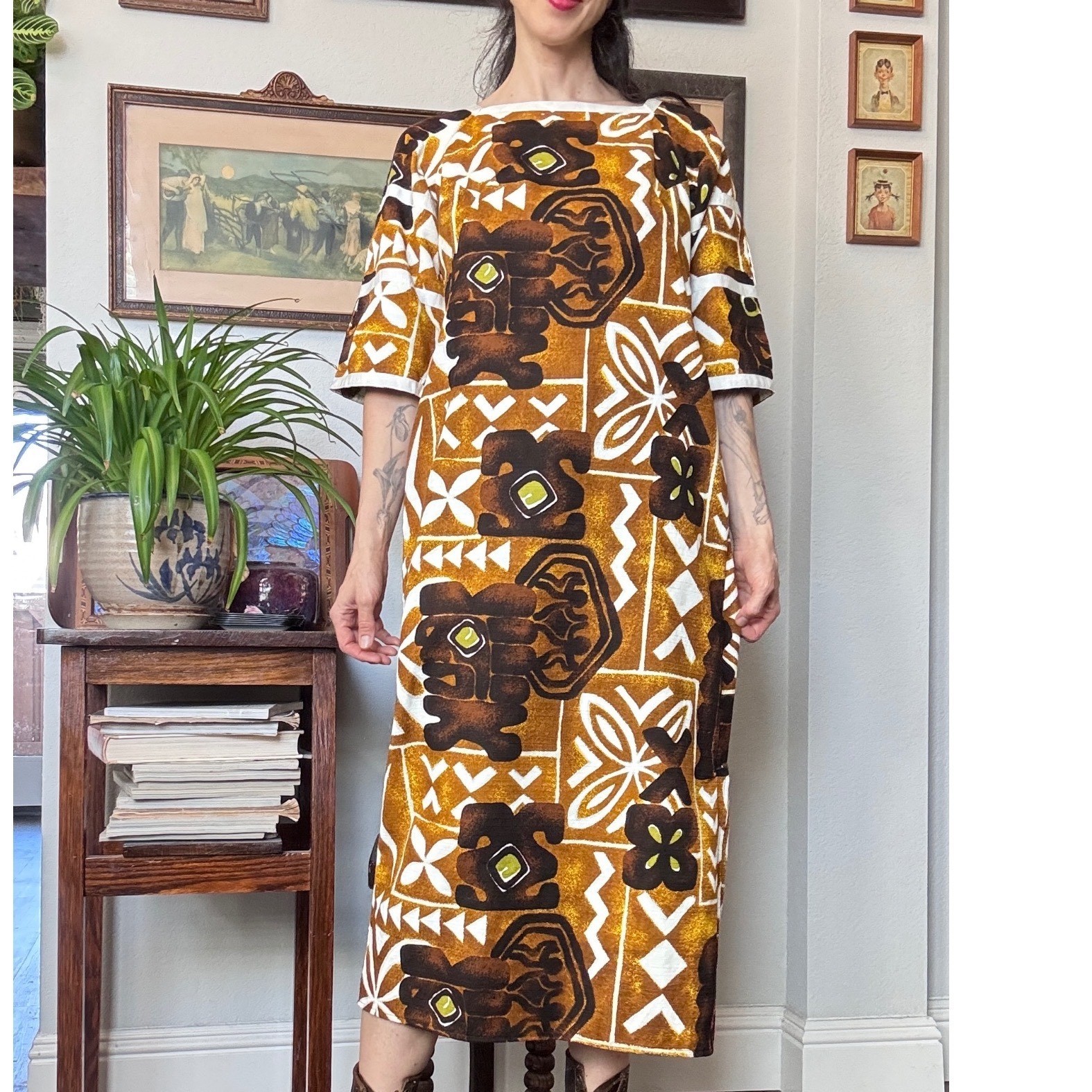 Vintage Evelyn Margolis Hawaii Tiki Barkcloth Maxi Dress Geometric floral