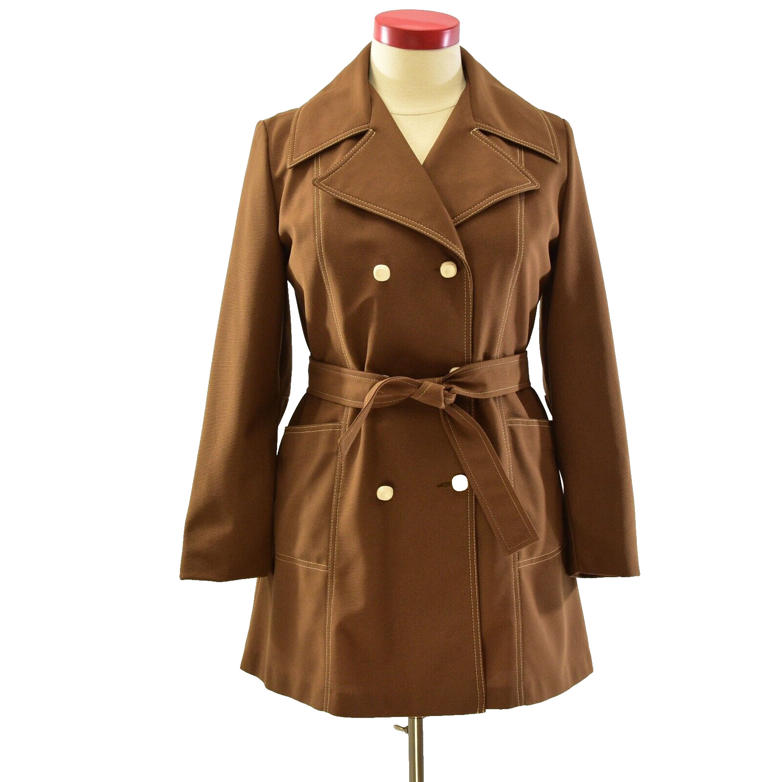 60s Brown Double Breasted Coat Ivory Top Stitching Womens L