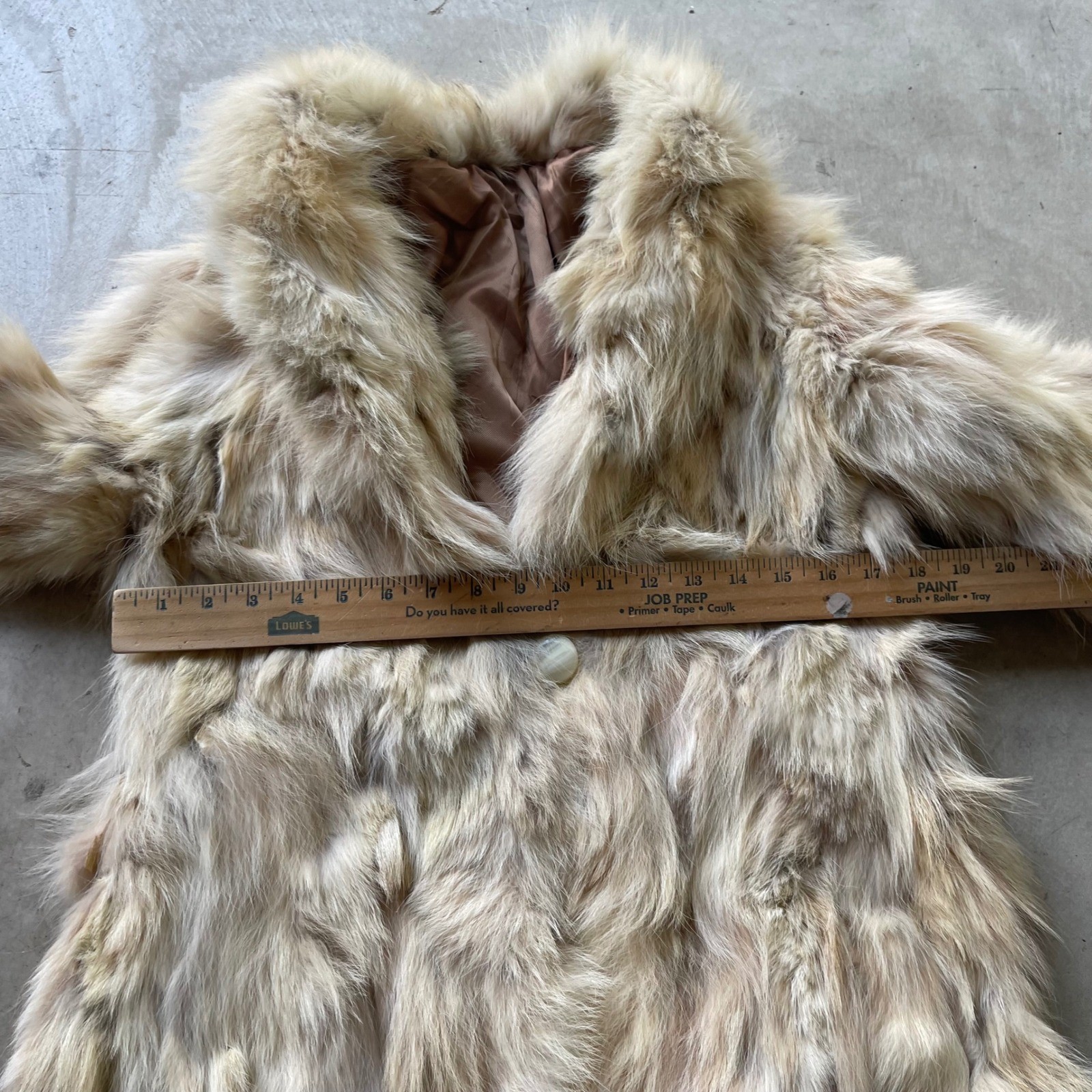 Vintage Genuine Fox Fur Coat Cream Tan Mid-Length Shawl Collar Distressed Flawed