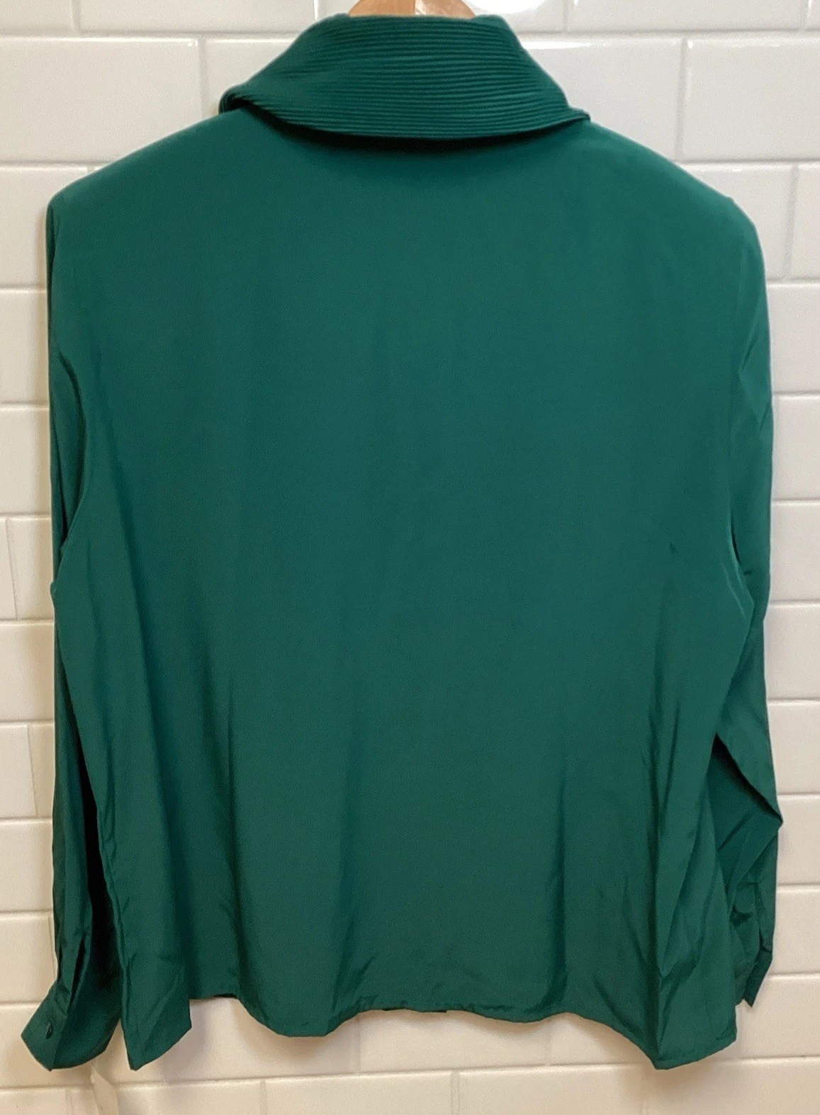 Womens Vintage Emerald Hunter Green Dress Blouse Sz 14 Elegant Pleated Cowl Neck
