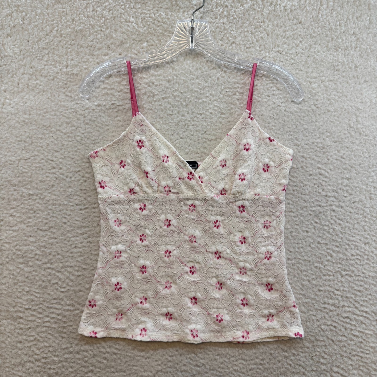 90s Y2K Vintage Camisole Tank Top Medium White Pink Ditsy Floral Lace Boho Fairy
