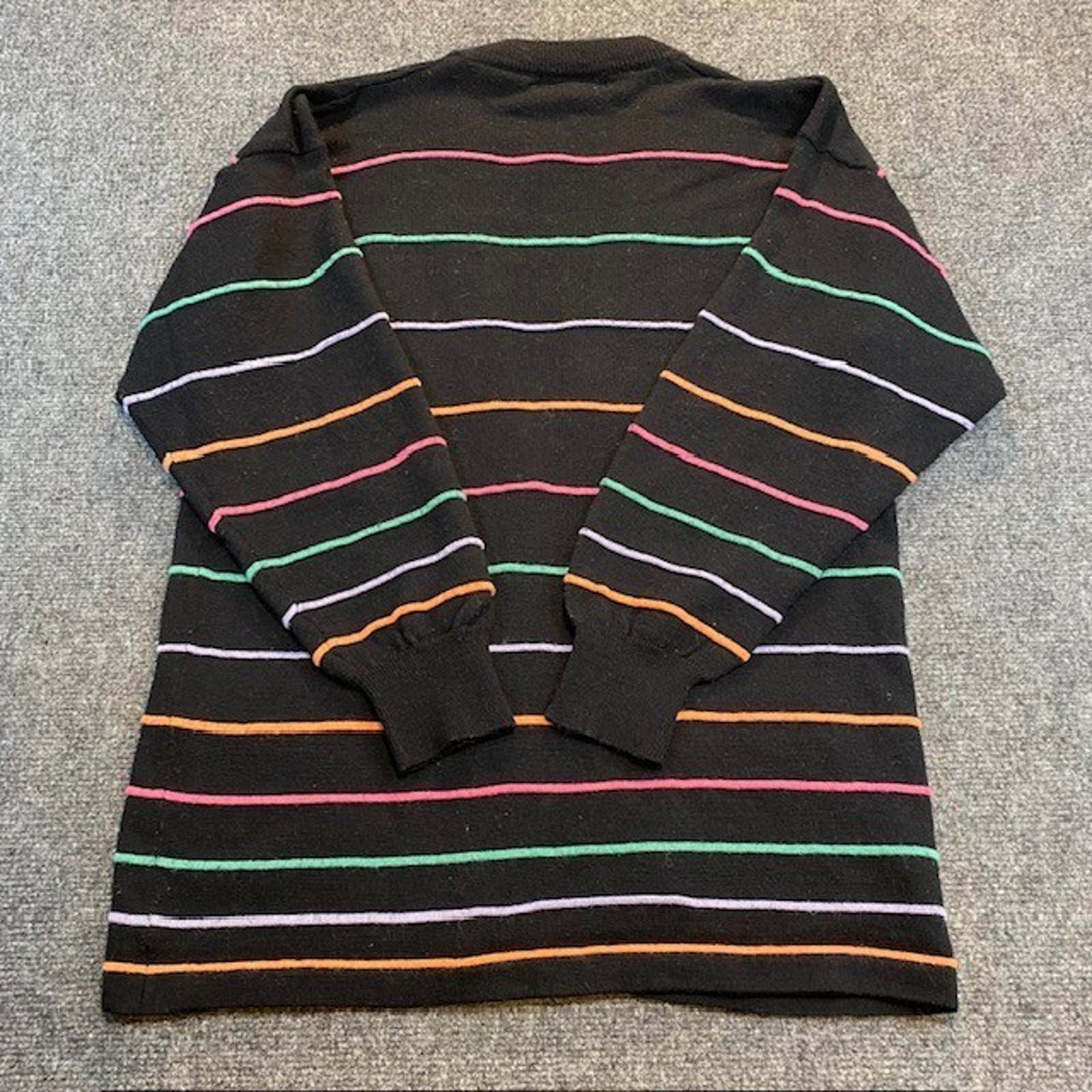 Vintage 80s Sweater Bee Banff Rainbow Stripe Black Cardigan Sweater Women Medium