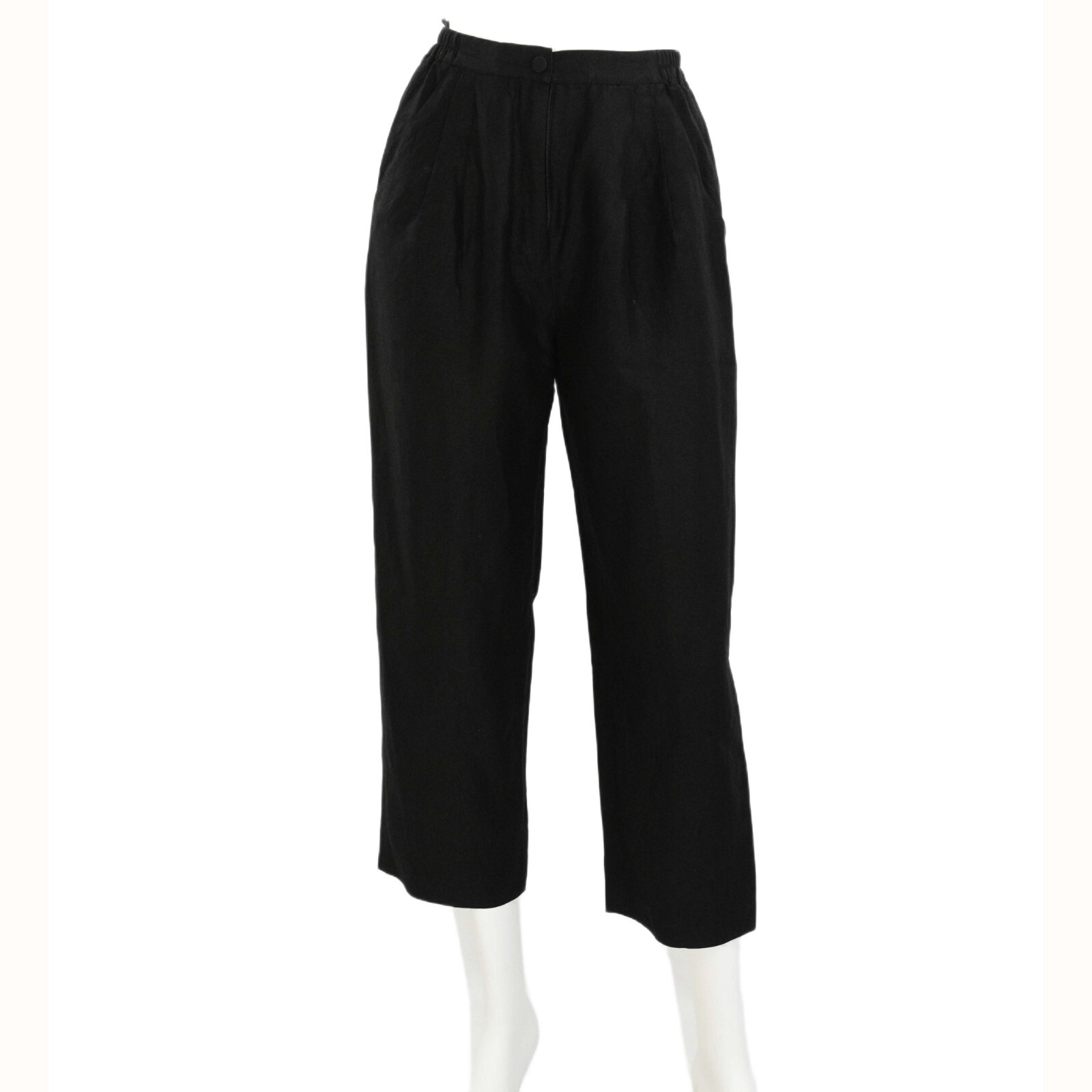 80s Vintage Rick Bacchus Black Silk Linen Pleated Pants High Waist Ankle Trouser