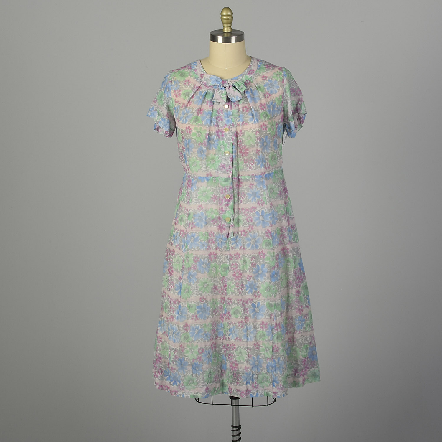 XXL 1950s Day Dress Semi-Sheer Lightweight Floral Summer Short Sleeve Casual VTG