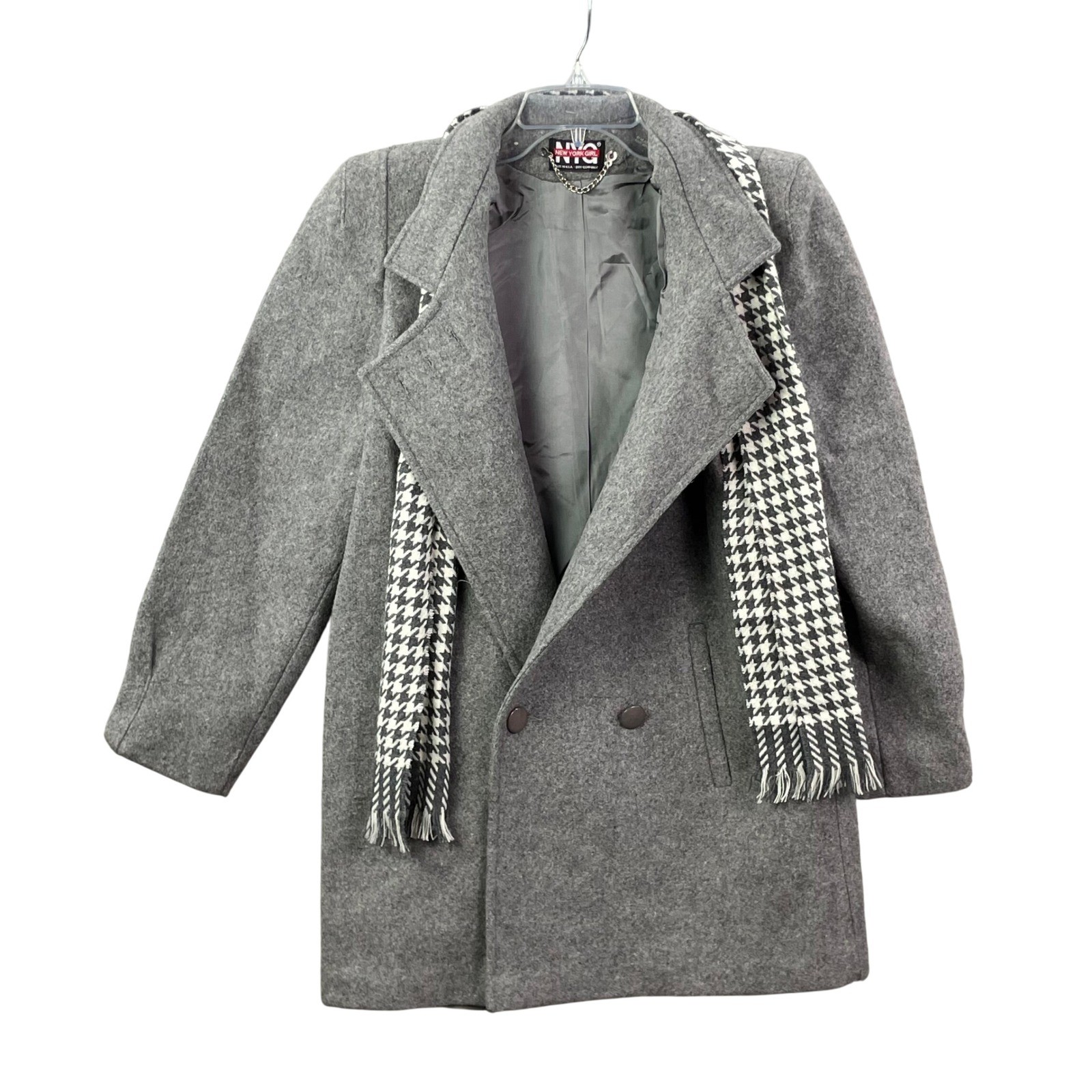 New York Girl Pea Coat Women’s 10 Grey Vintage Houndstooth Scarf Double Breasted