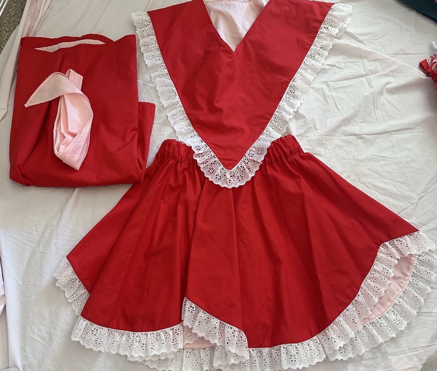 Vintage 4 pcs Red Lace Square Dance Outfit Skirt Vest Male Partners Tie