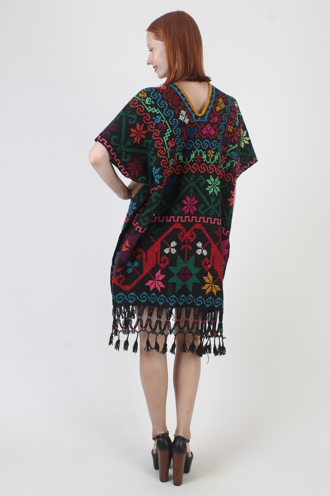 Vintage Black Mexican Kaftan Embroidered Fringe Oaxacan Sundress Woven Caftan
