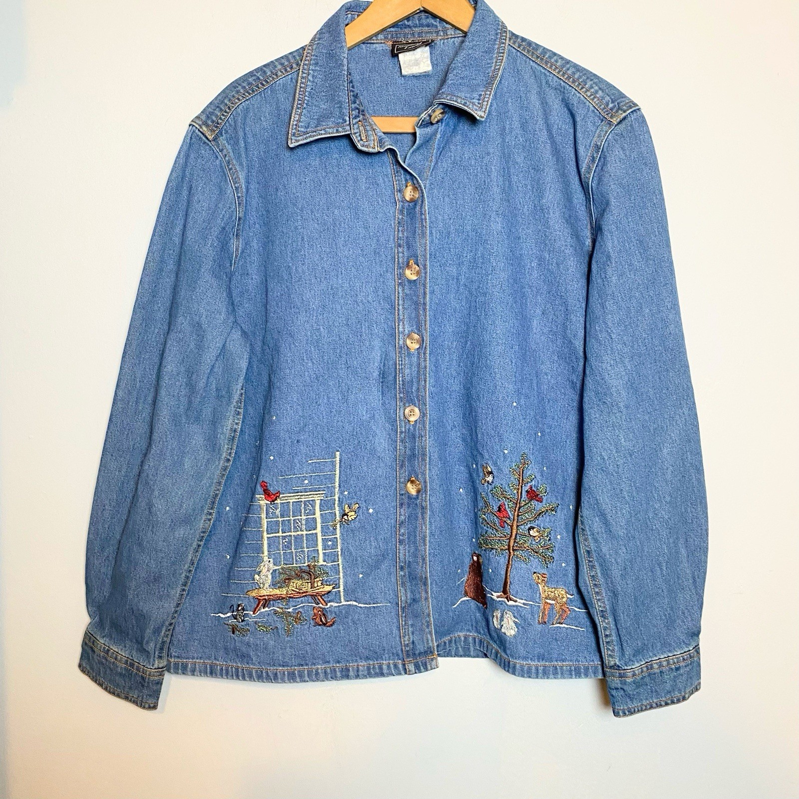 Vintage Southern Lady Denim Shirt Jacket Embroidered Forest Animals Sz M