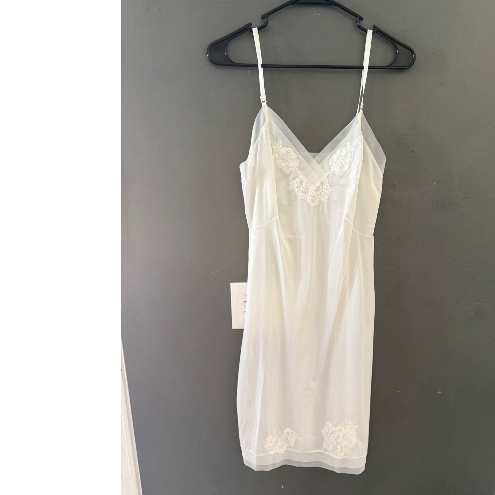 Vintage White Lace Trim Full Slip Dress Coquette Sheer Mesh V-Neck
