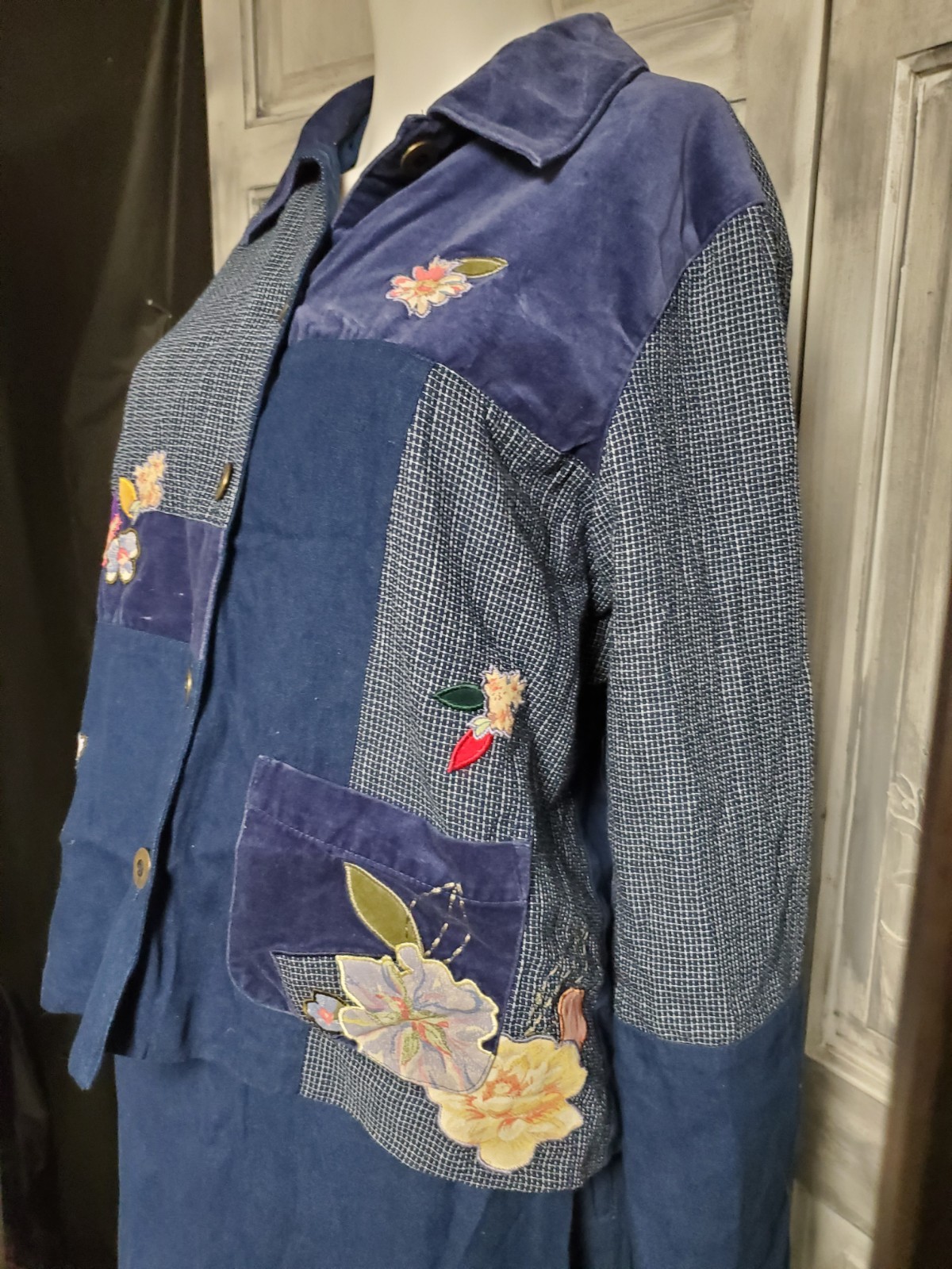 Vtg M Set Koret City Blues Midi Skirt W/Jacket 2PC Applique Rose Embroidered