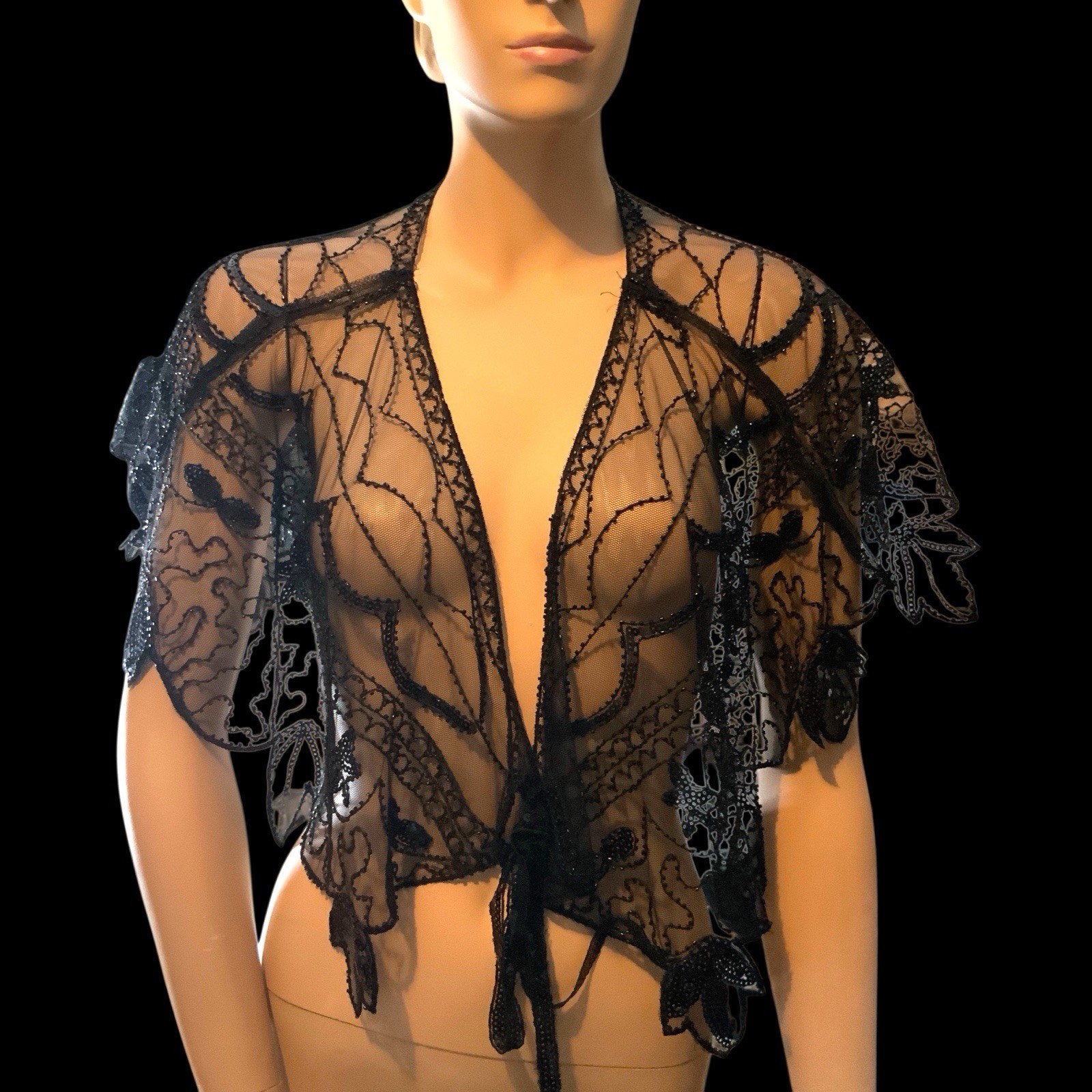 LADIES Vintage Black Sequined Mesh Shawl Vintage Flapper Style NWOT One Size Adj