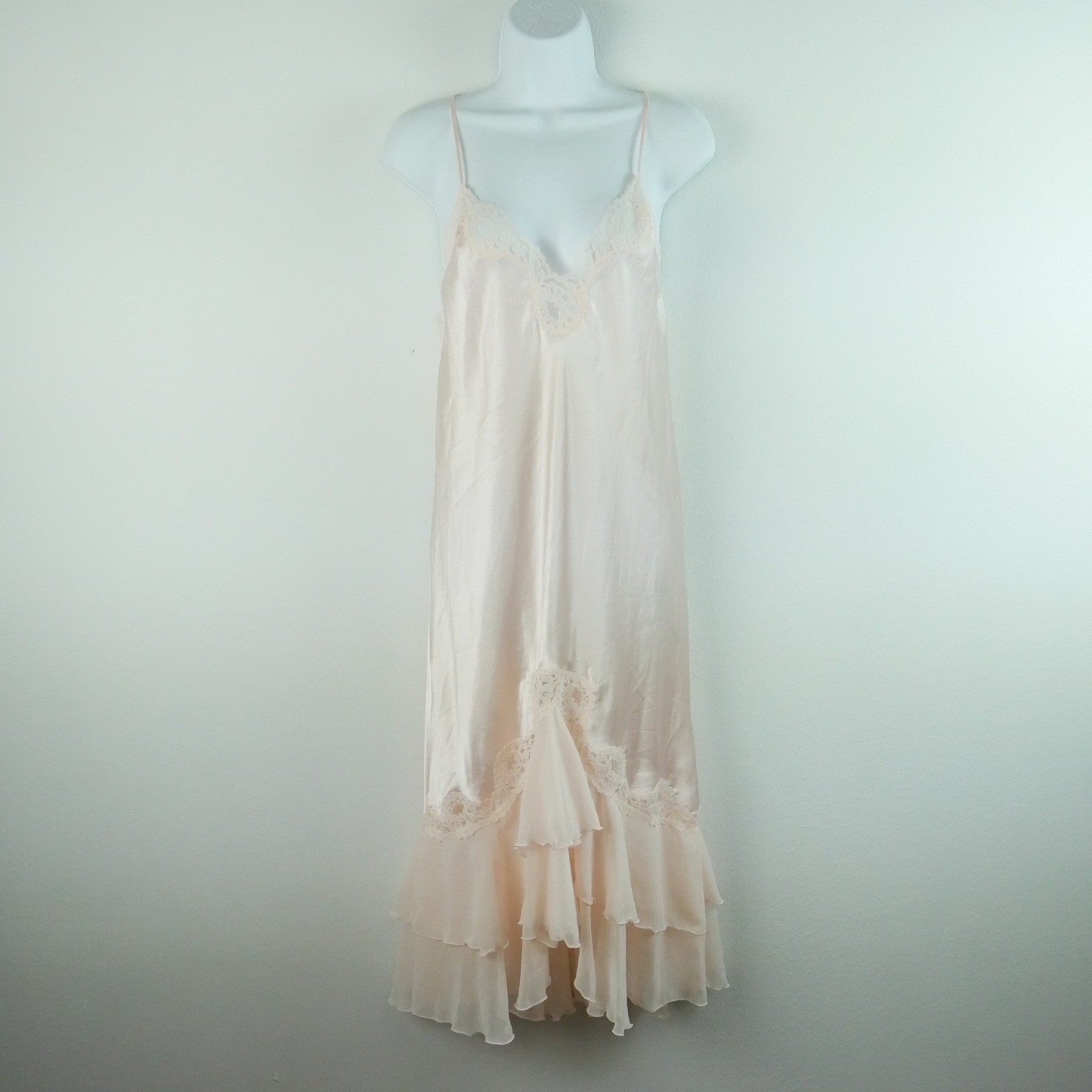 Vintage Blanche Pink Satin Nightgown Robe Set Peignoir Lace Sheer Ruffle P XS