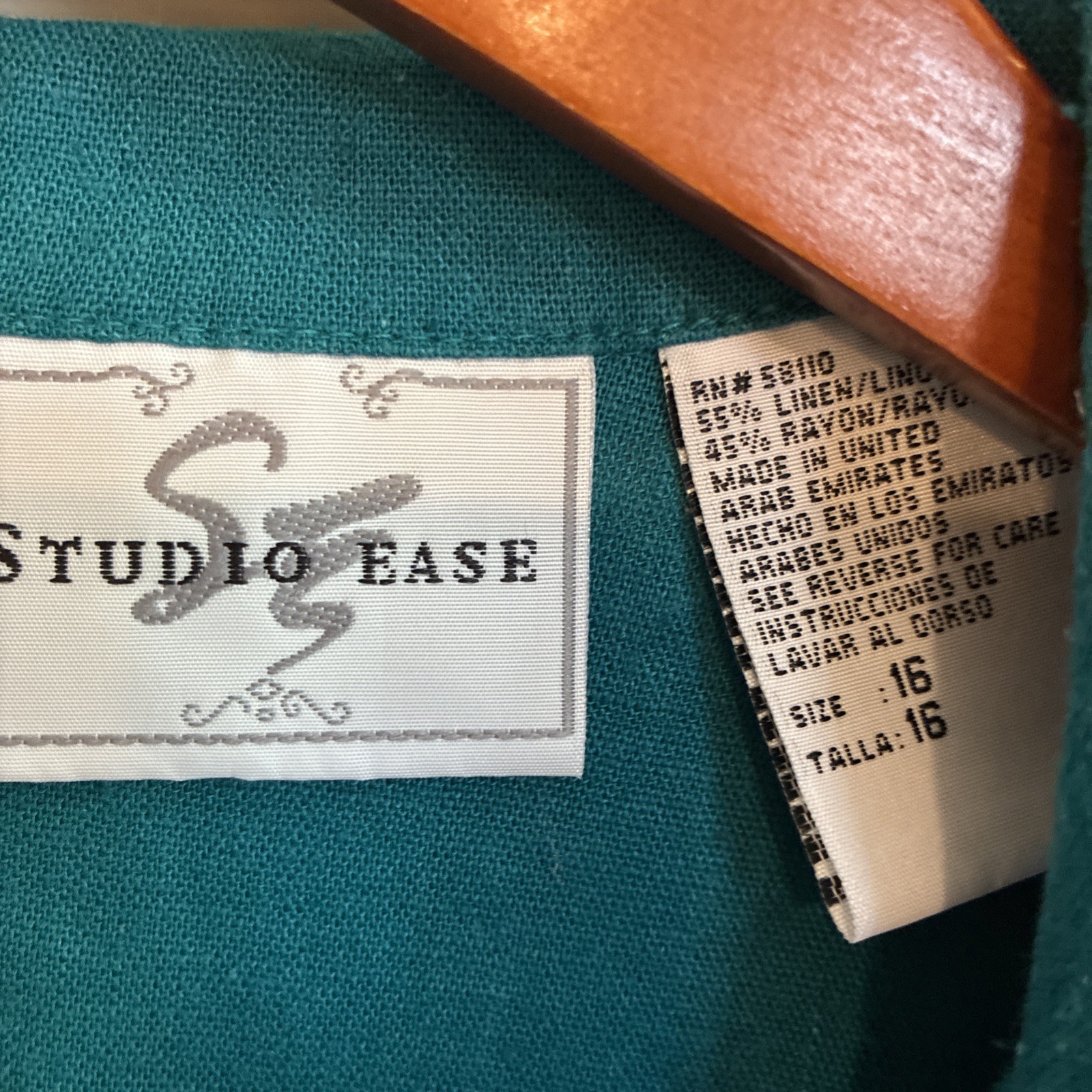 Vintage Linen Teal Collared Button Up Blouse Large Short Sleeve Blue Green 90s