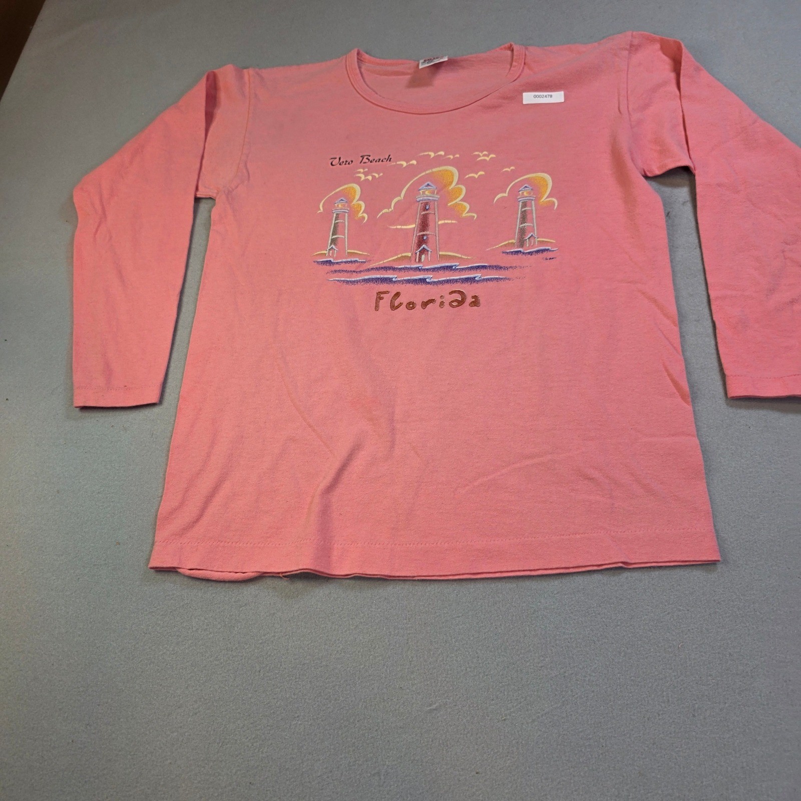 Vintage Anvil Vero Beach Florida Lighthouse Long Sleeve Pink T-Shirt USA Made M