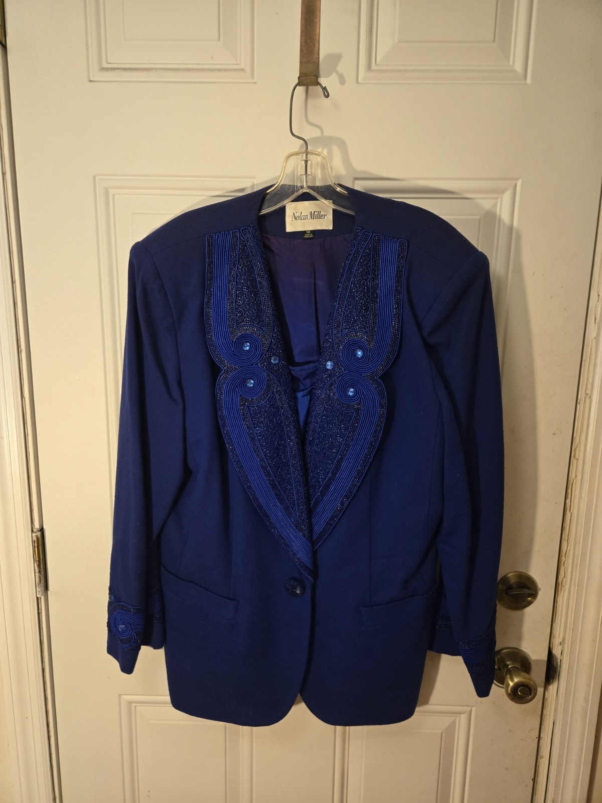 Vintage Nolan Miller Size 18 100% Wool Blue Blazer With Sequens Hong Kong