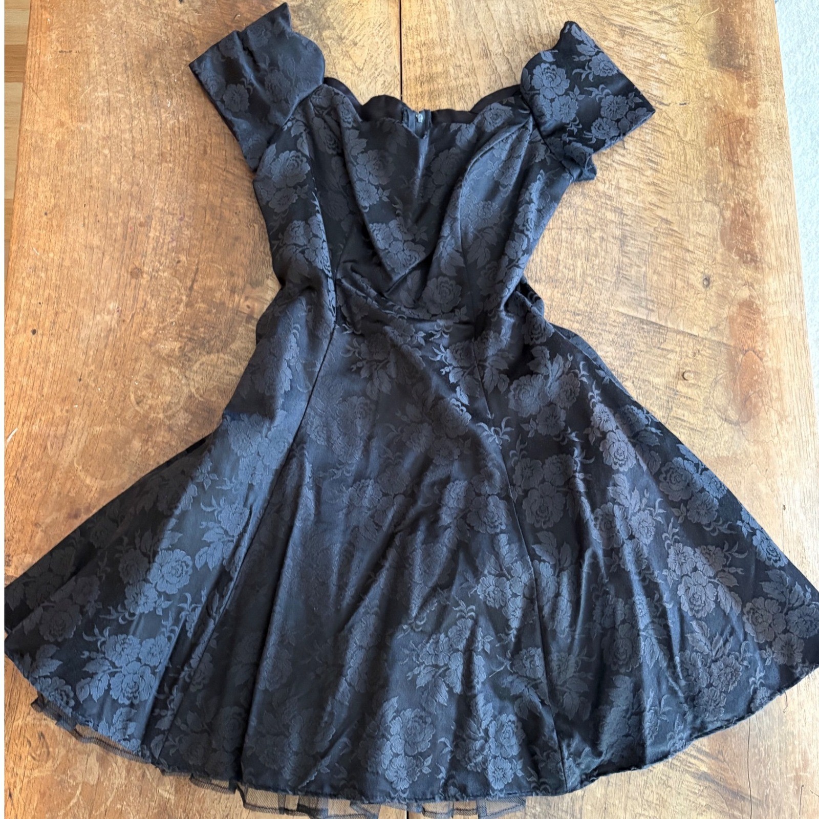 1980s Cheryl Kaye Vintage Black Floral Damask Off Shoulder Skater Dress USA 10
