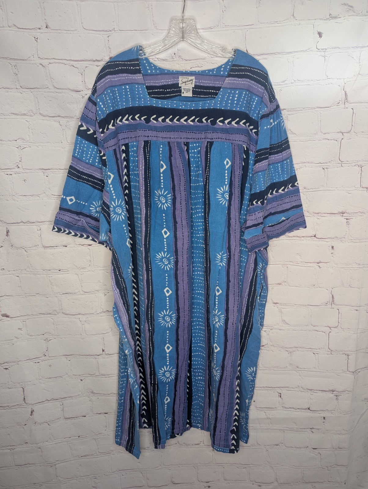 VTG Saybury Tribal Blue Cotton Housedress Nightgown Muumuu 3X