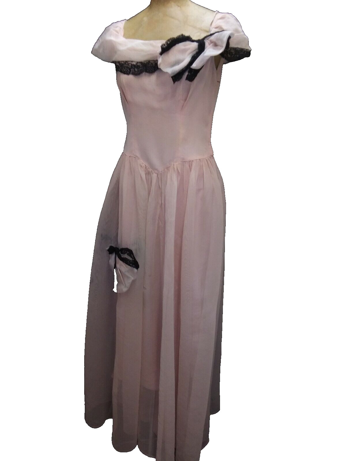 1950’s Pink Fine Mesh Acetate Black Lace Evening Gown by Beautime Medium As Is