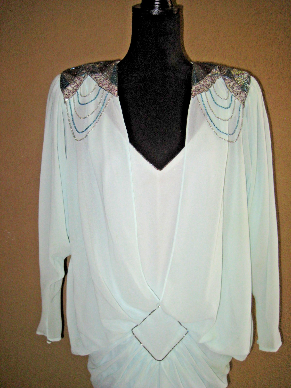 Vintage 1982 Casadei Eletra chiffon dropwaist bead padded shoulder party dress