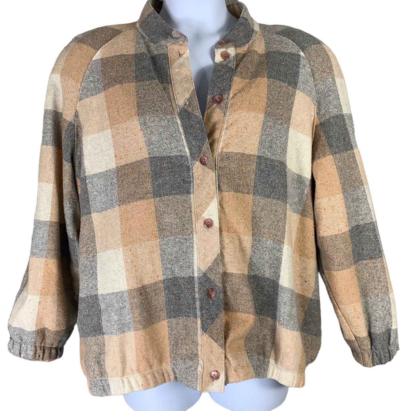 Vintage Size Large Sweater Jacket Wool Blend Tan Jay Button Front Check Orange