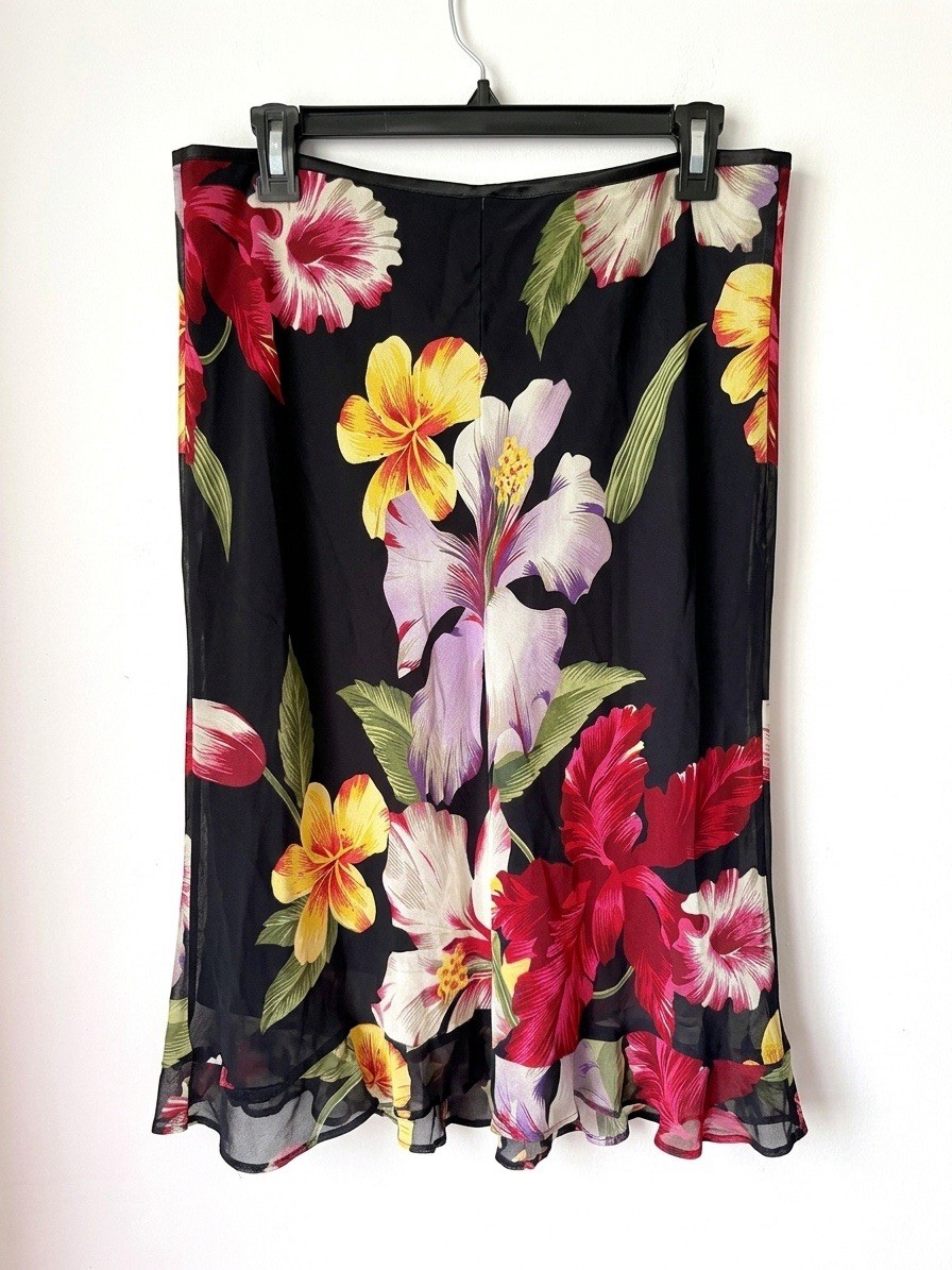 Y2K VTG Ceduxion Tropical Flower Romantic Chiffon Ruffle Skirt Pull On Women M