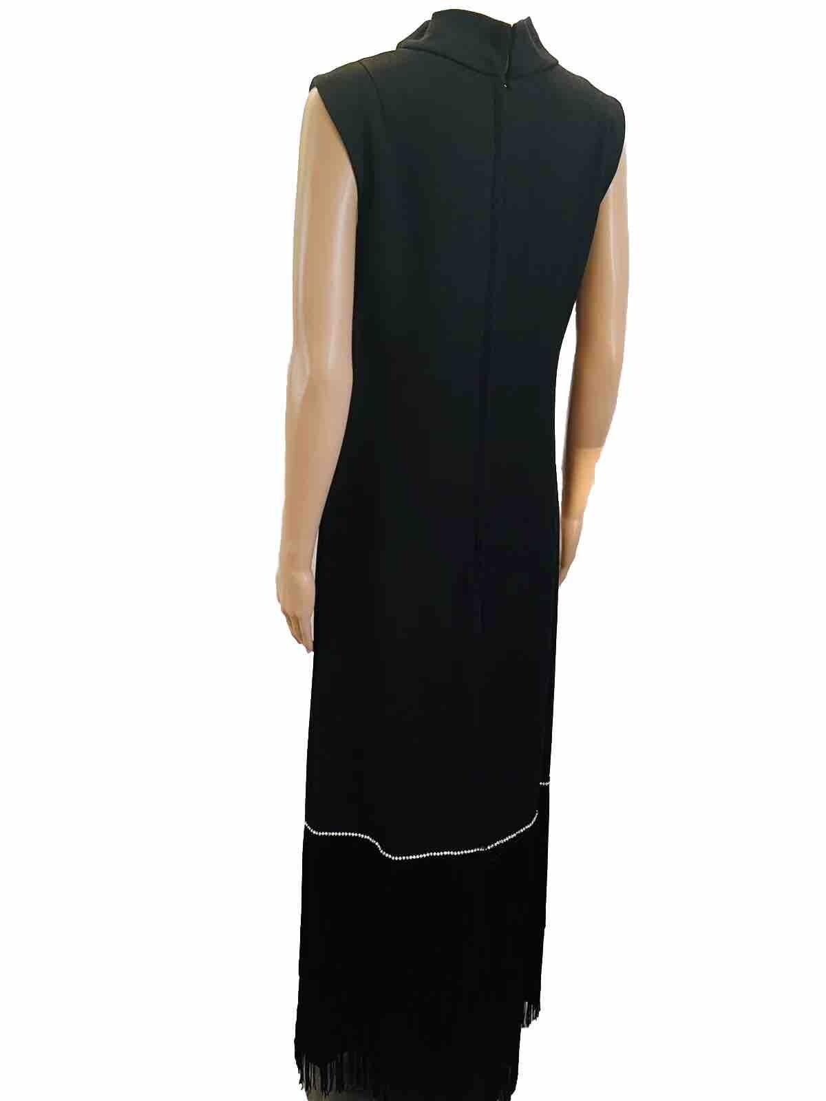 VTG 1960s Pavillon Design Black Evening Gown Maxi Dress Fringe & Rhinestones M*