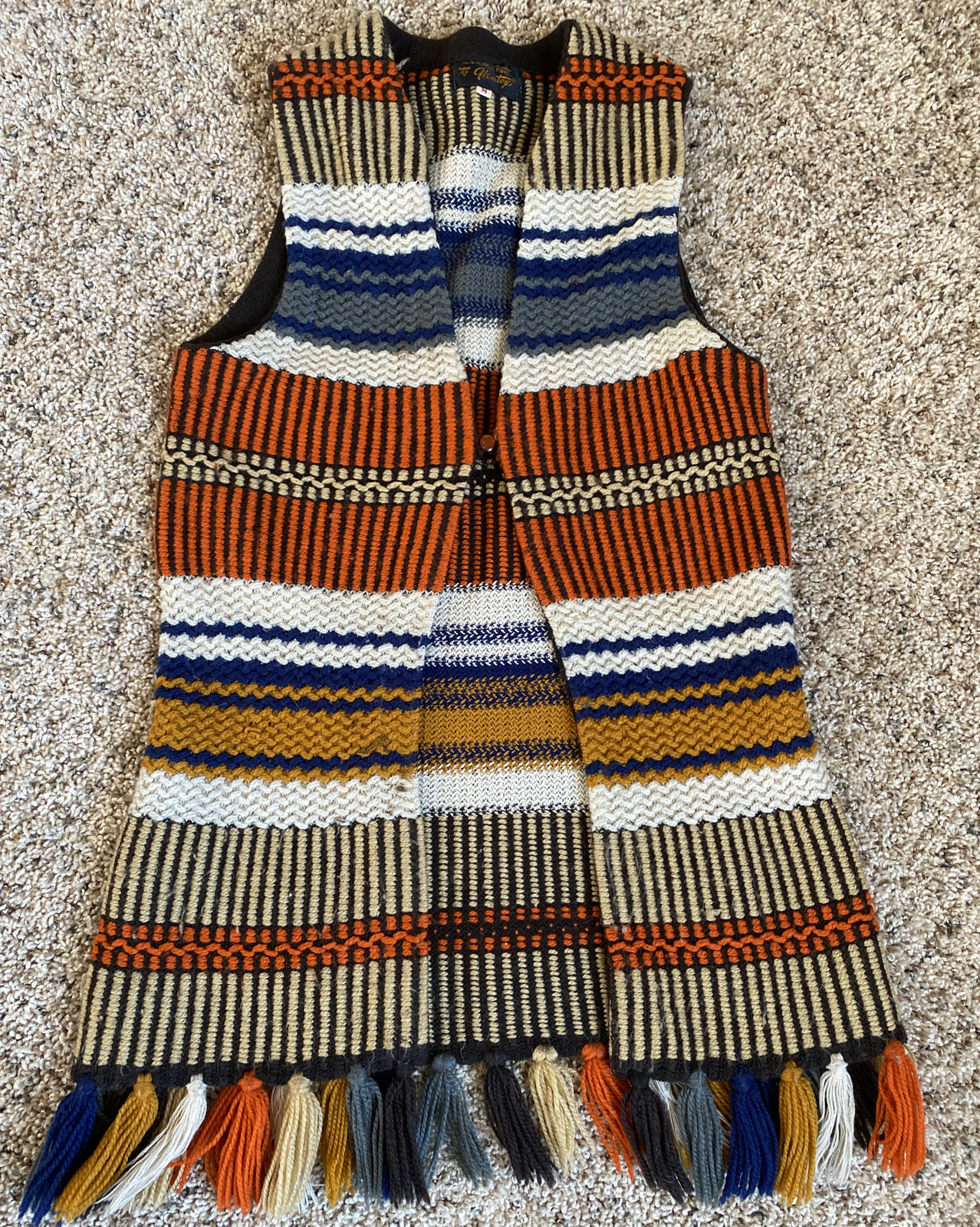 Vintage Glentex Fringe Sweater Vest Multi Color Acrylic Knit Stripe Tassel Hem M