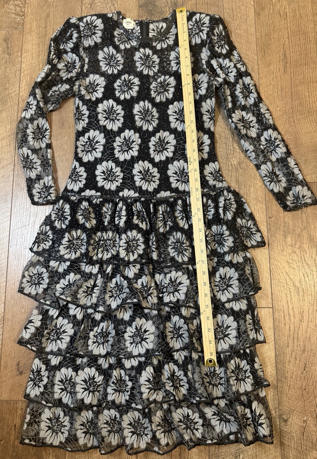 Vintage Judith Ann Creations Beaded Long Sleeve Ruffled Dress Floral Sz S