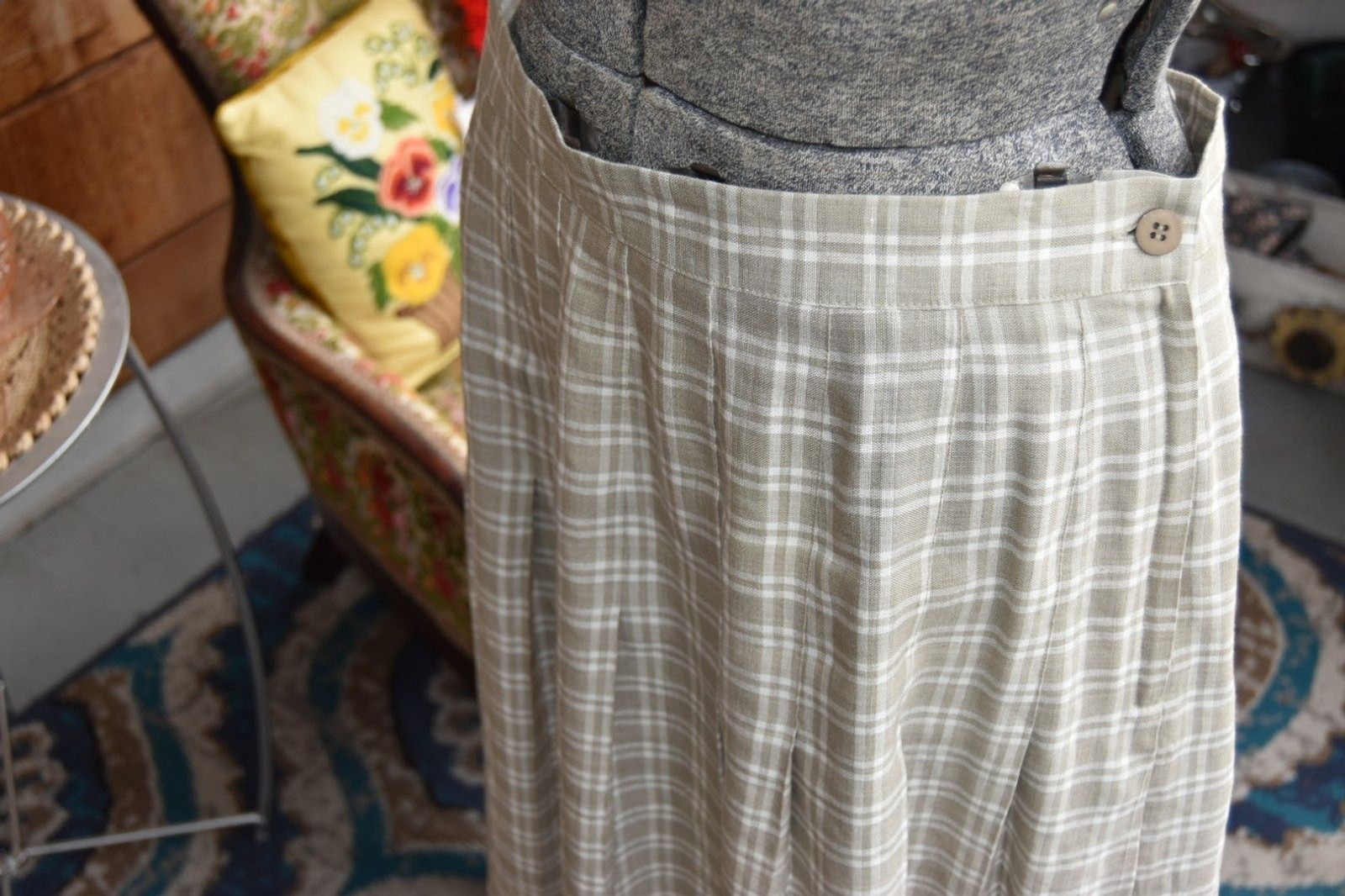 Vintage 80s Plaid Skirt Stanley Blacker Linen Blend Beige and White Size Large