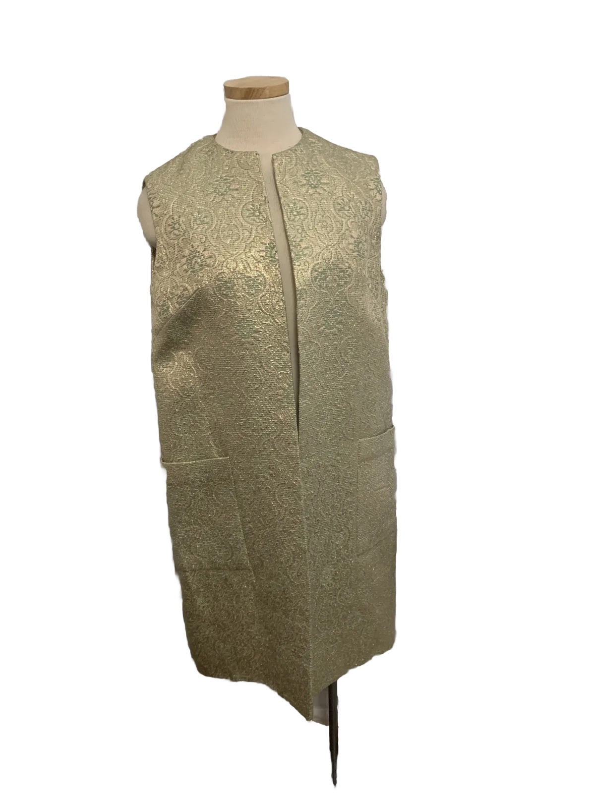 Long Vest Vtg MCM Embroidered Gold and Green Thai Silk Gold L Wedding