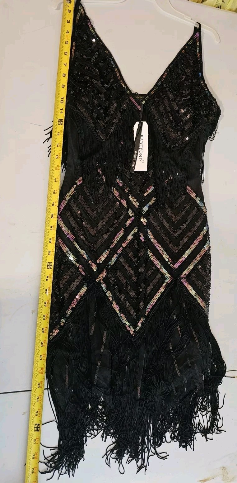 Babeyond 1920’s Style Black Sequined Fringed Flapper Cocktail Dress Sz M