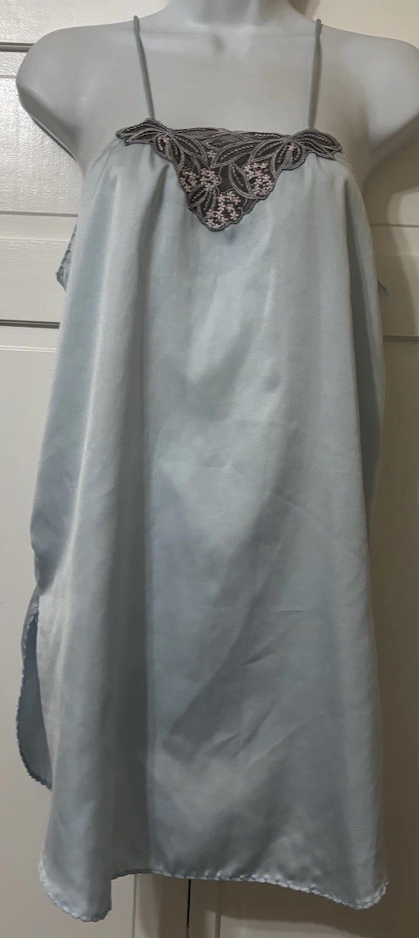 Vtg Val Mode Lingerie Blue W/Lace Chemise Nightie Nightgown Slip Medium