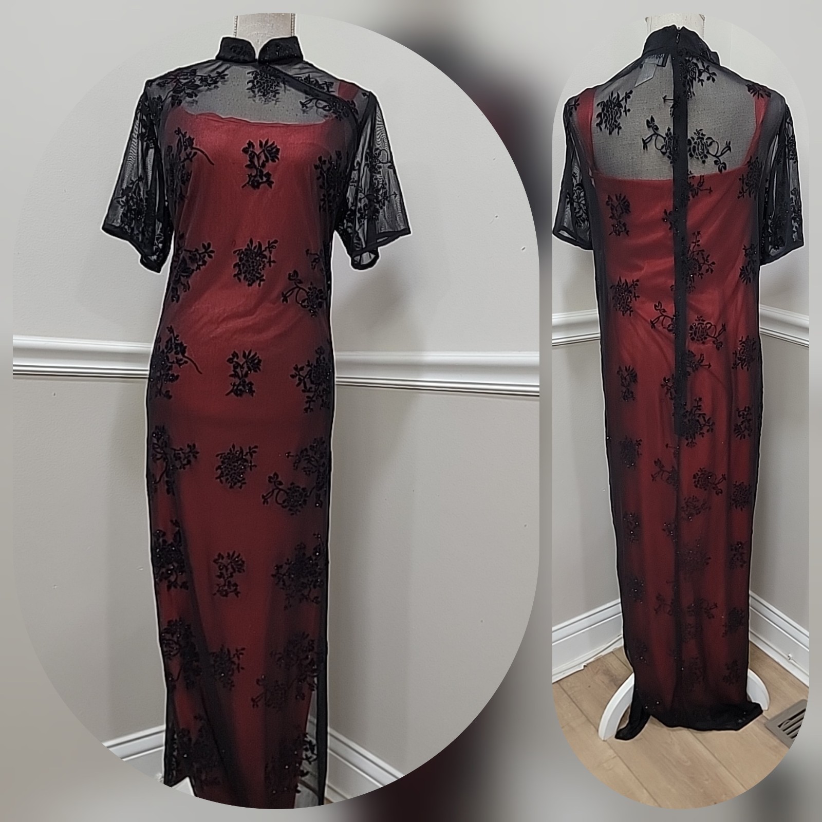 VTG Y2K Arianna by Rachel Kaye Cheongsam Black Red Velvet Burnout Mesh Dress 16W