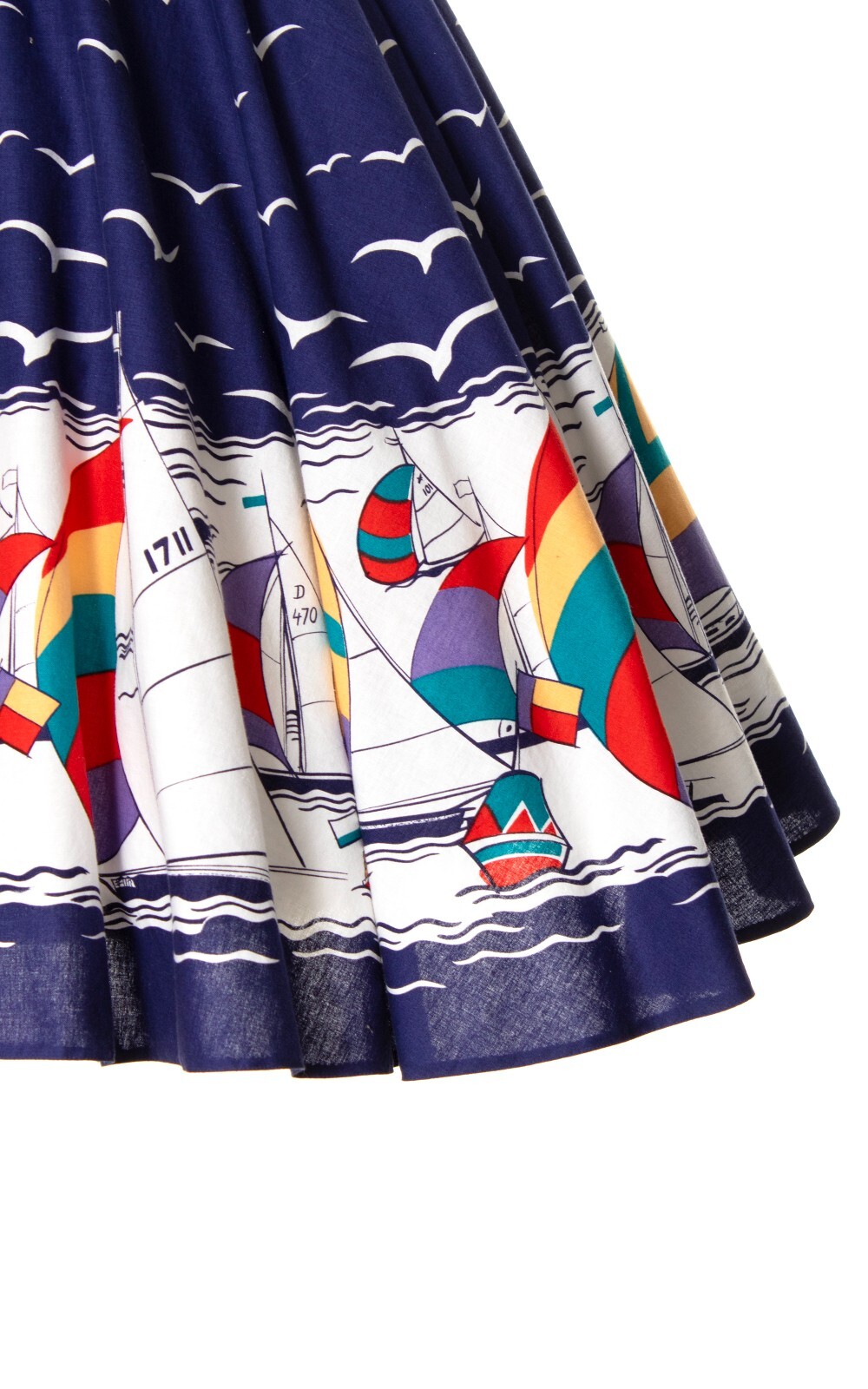 Vintage 1970s does 1950s Sailboat Birds Novelty Border Print Cotton Circle Skirt
