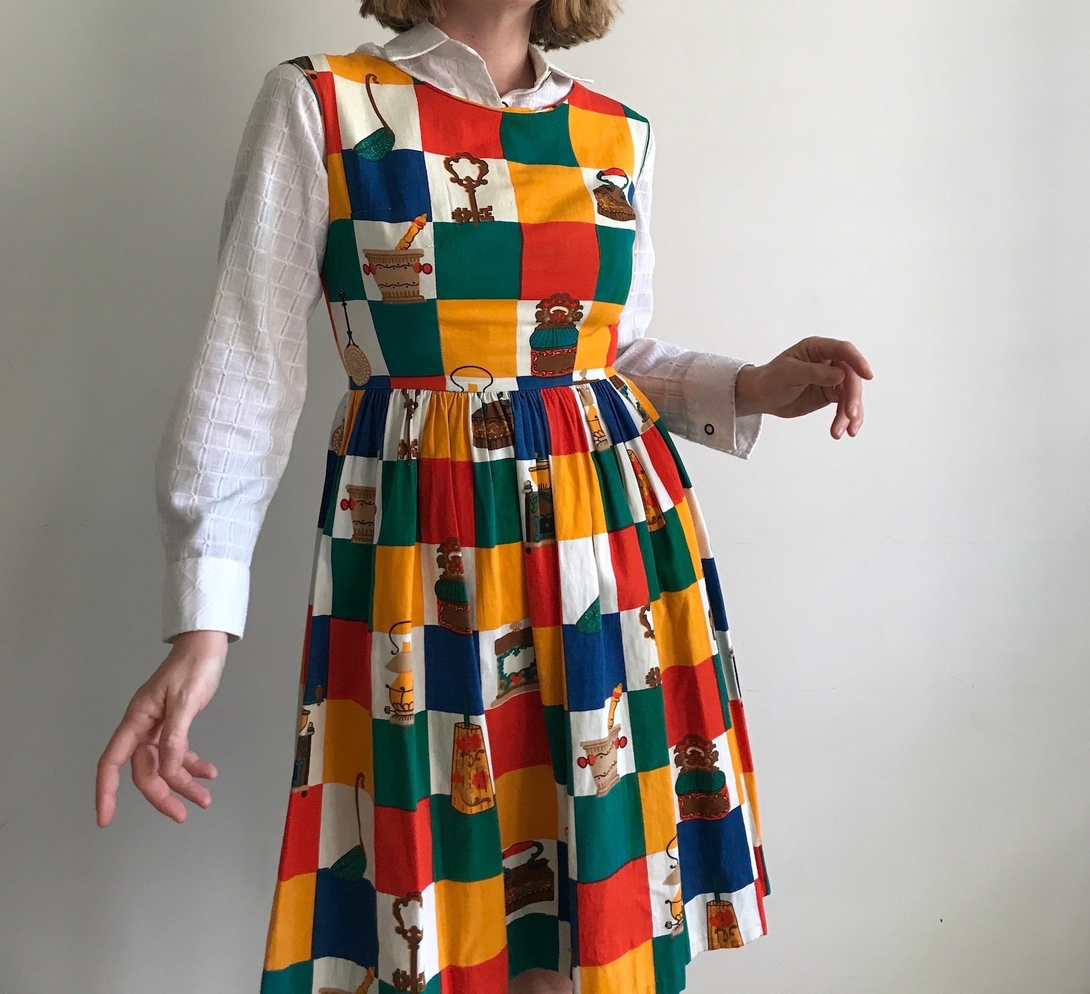 Vintage 1960s Cotton Chess Multicolor Patchwork Novelty Print Dress S/M