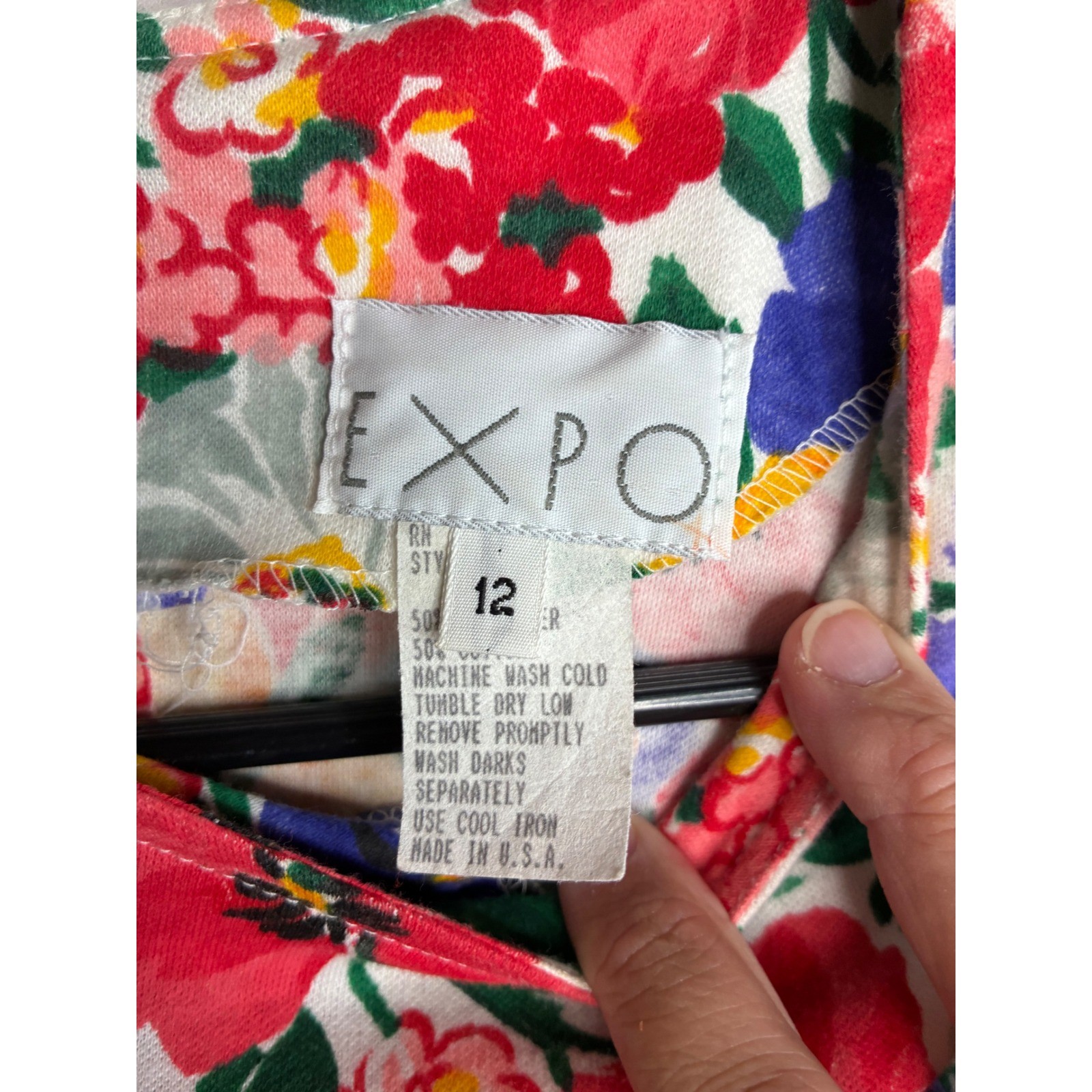 Vintage Expo Floral Ruching Midi Dress Multi Color Pansy Puff Sleeve USA Made 12