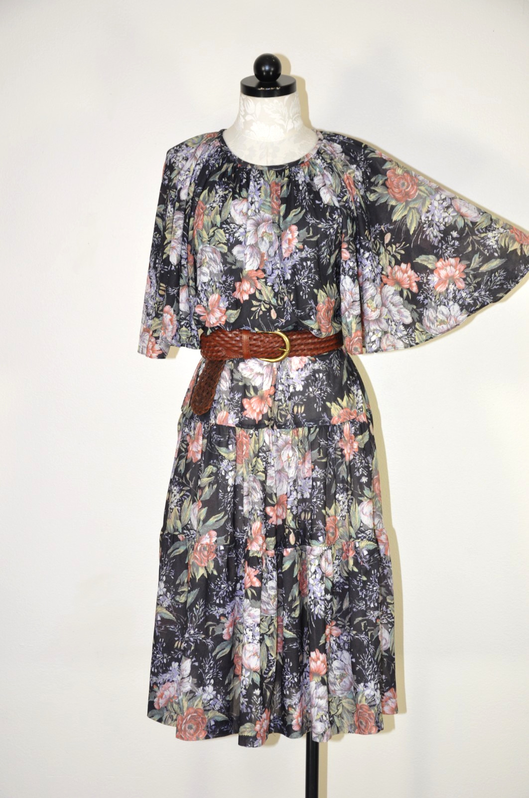 70s Vintage Dark Floral Sheer Jersey Batwing Sleeve Romantic Midi Dress Women S