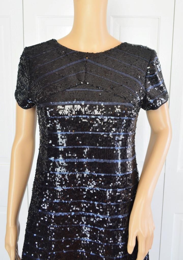 VTG 90s Mini Black Blue Sequin Scooped Back Gatsby Flapper Party Cocktail Dress