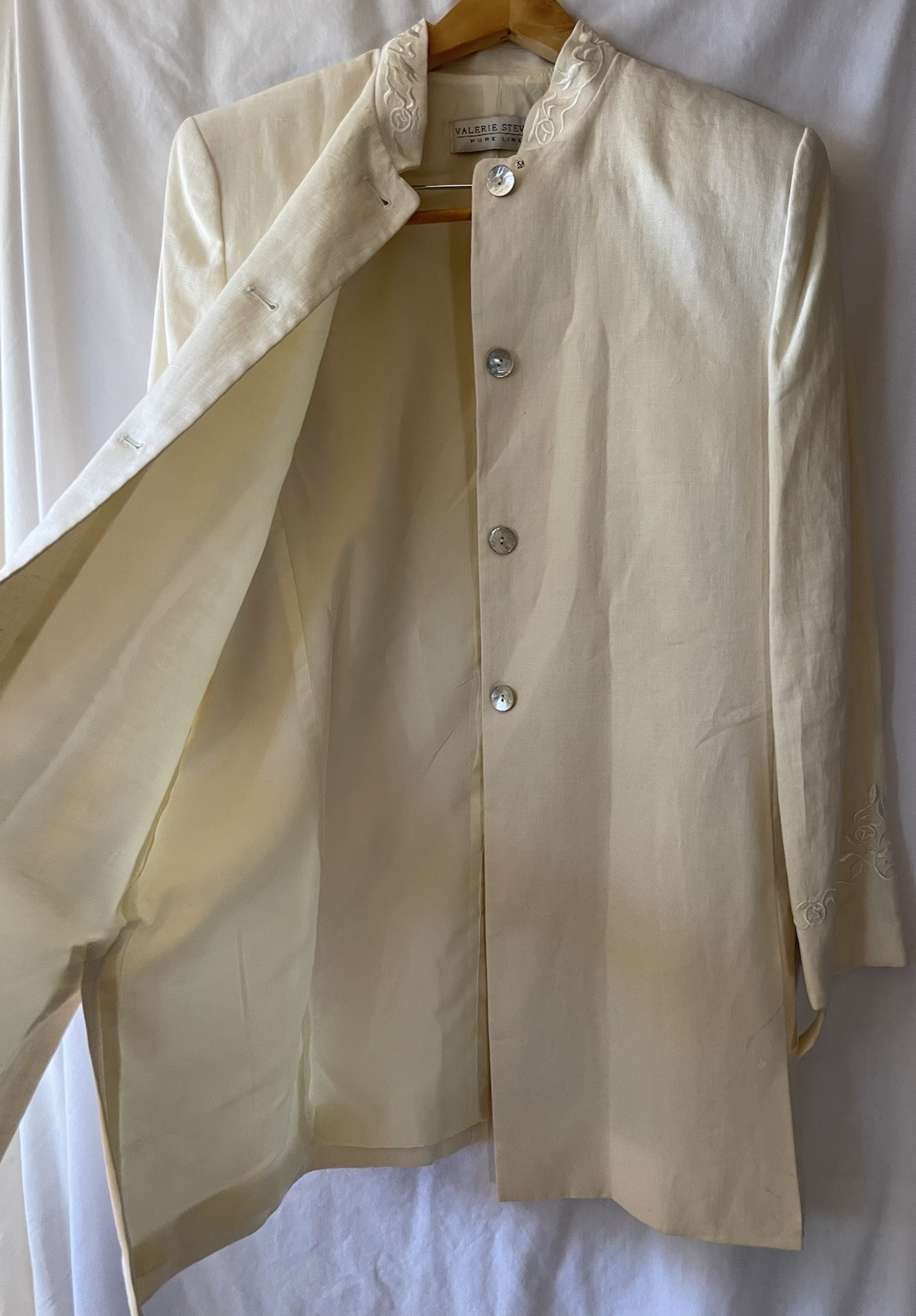 Vintage VALERIE STEVENS Pure Linen, 12, Cream Long Blazer Mandarin Collar NWT