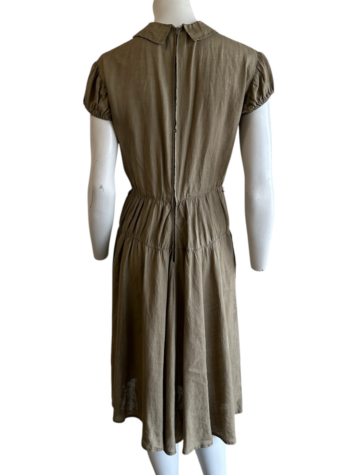1940s 1950s Olive Green Dress Peter Pan Collar Rayon Linen Feel