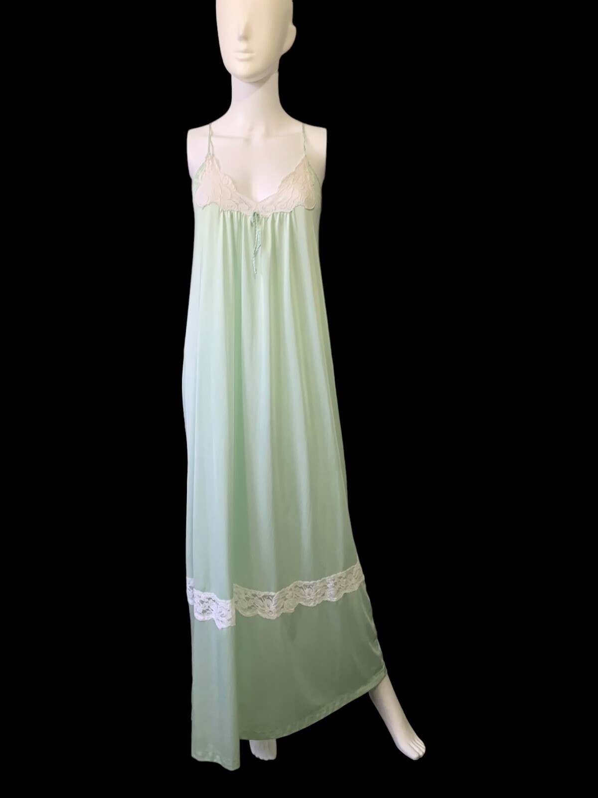 VTG Rene Nylon Nightgown Slip Dress Retro Mod Lace 70s Green Rope Nightie Gown