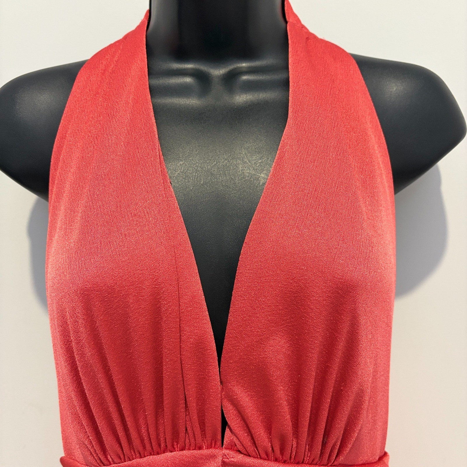 Vintage Halter Dress Pleated Ruched Plunge Red Size M L38 W15