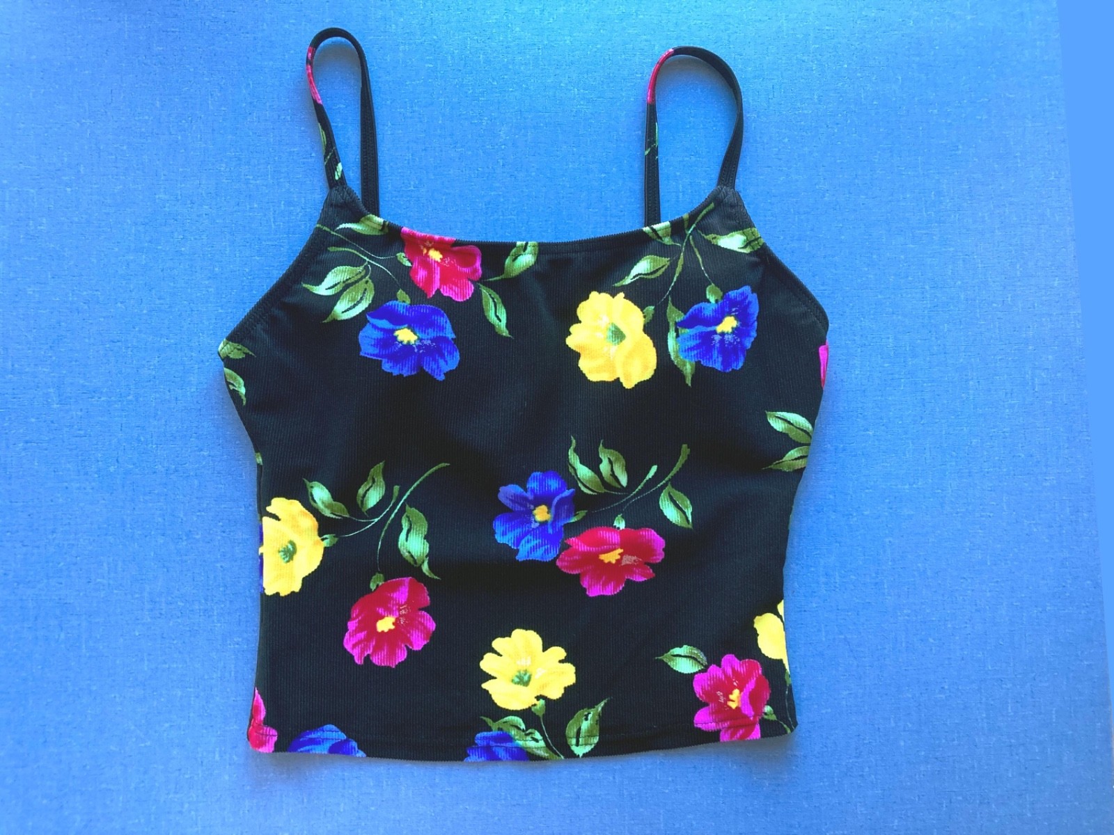 Vintage 90s Floral Stretch Swim Tank Top, Black, XXS