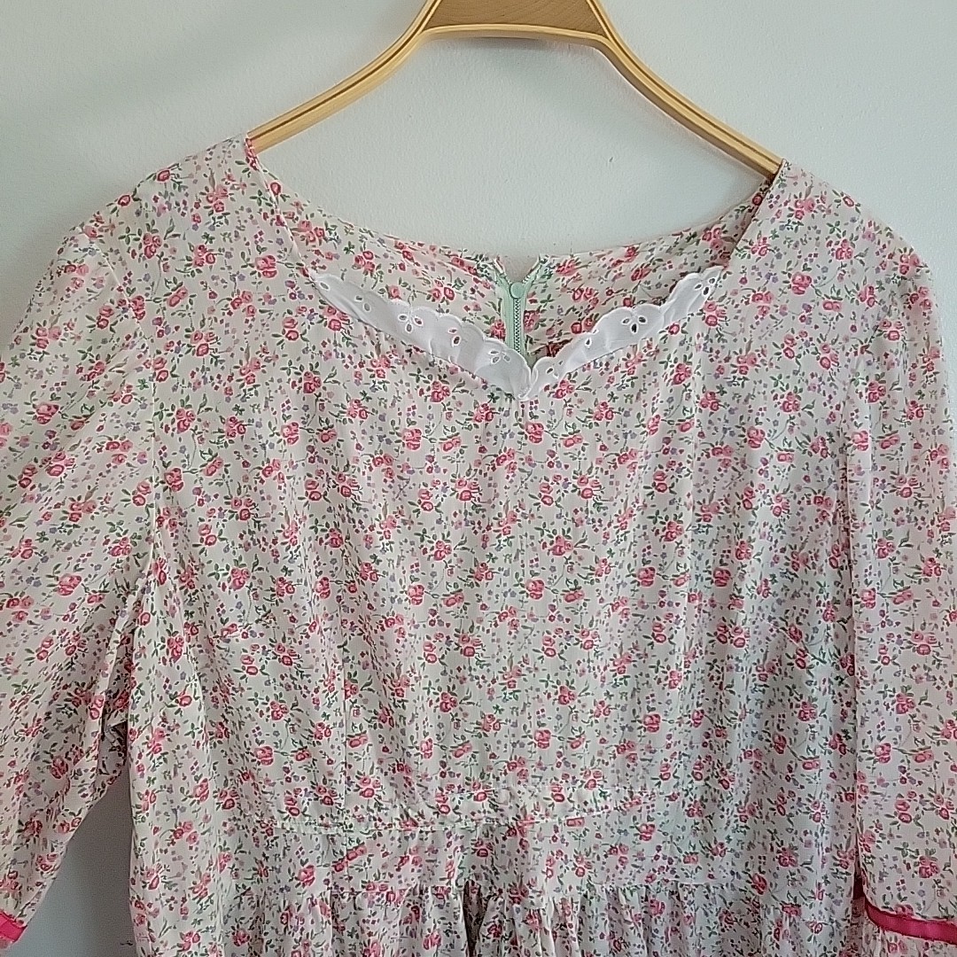Vintage Handmade Prairie Dress Large Pink Ditsy Floral Cottage Country Western